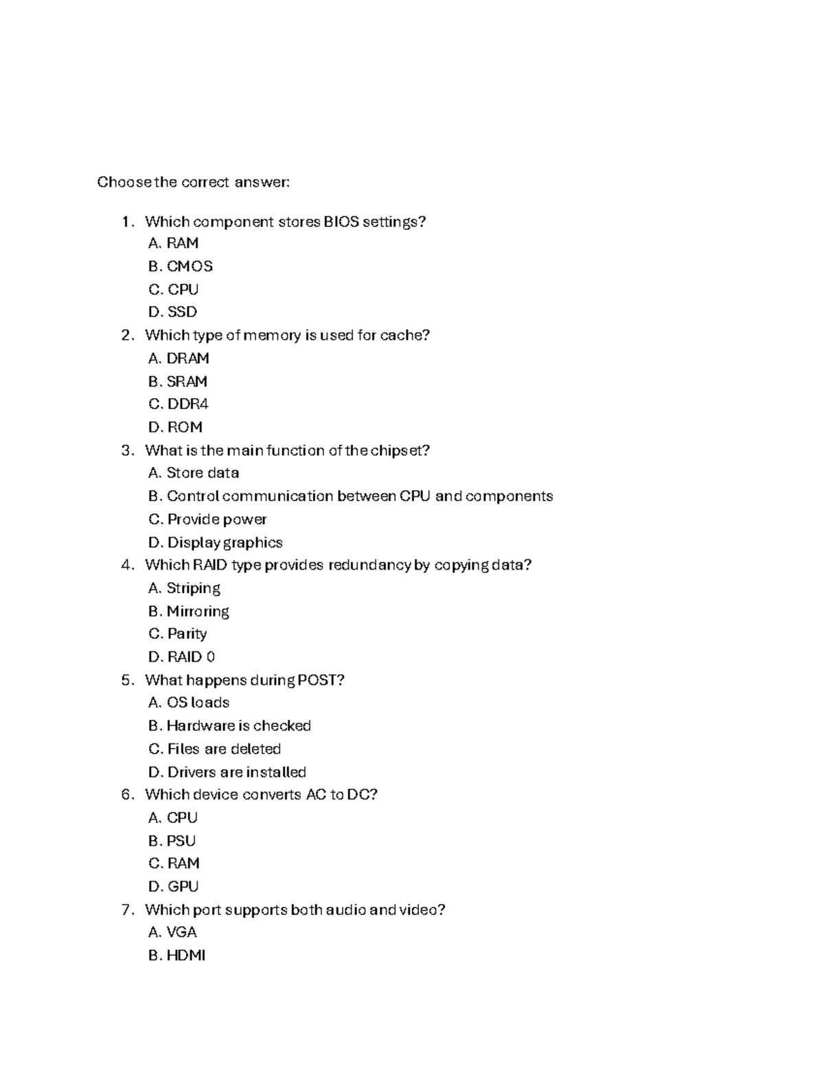 Computer Engineering Skills PQ: Quiz on BIOS, Memory, and Power Supply ...