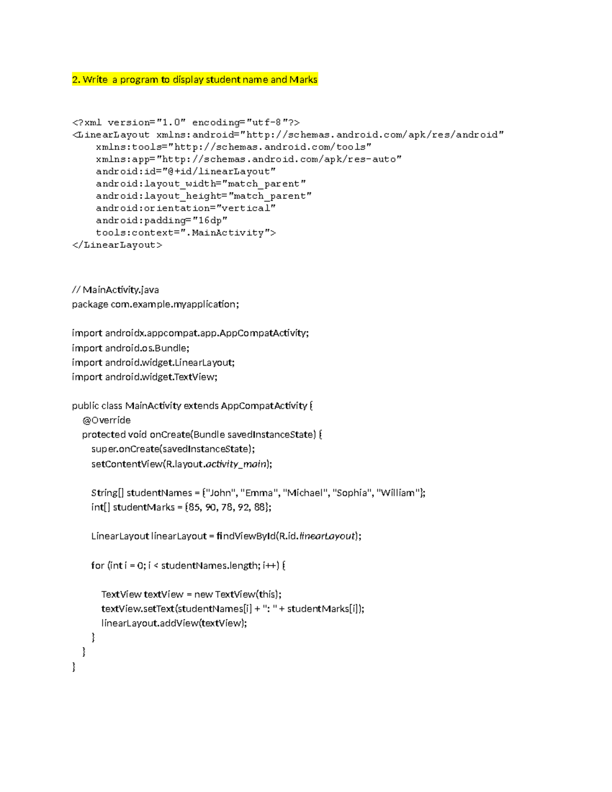 2 - notes - 2. Write a program to display student name and Marks