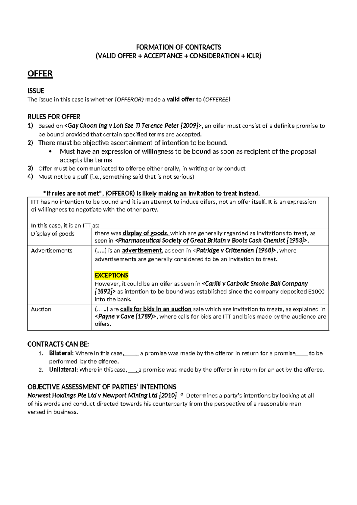 BLaw 101: Final Exam Notes on Contract Formation and Consideration ...