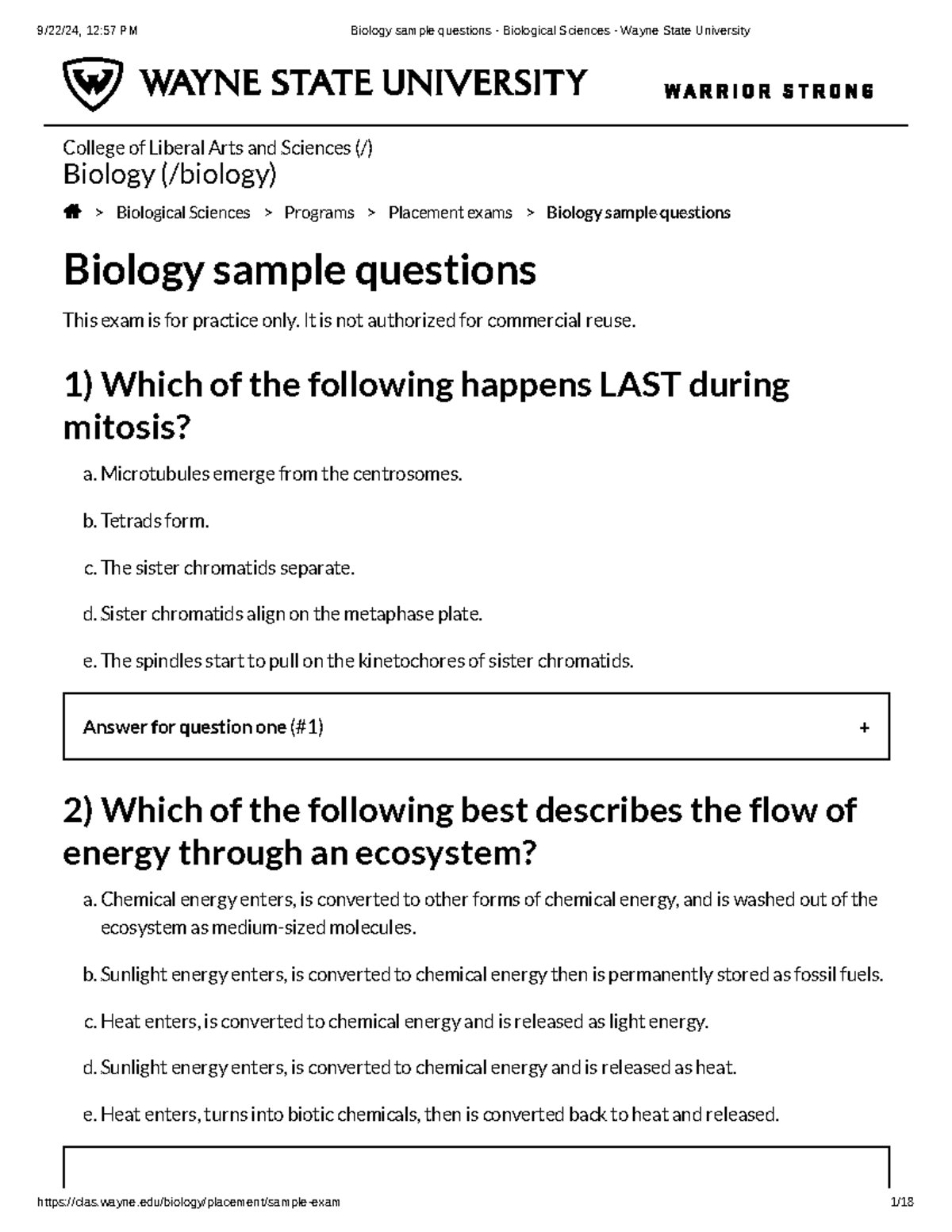 Biology Practice Exam Questions - BIOL 1010 - Wayne State University ...