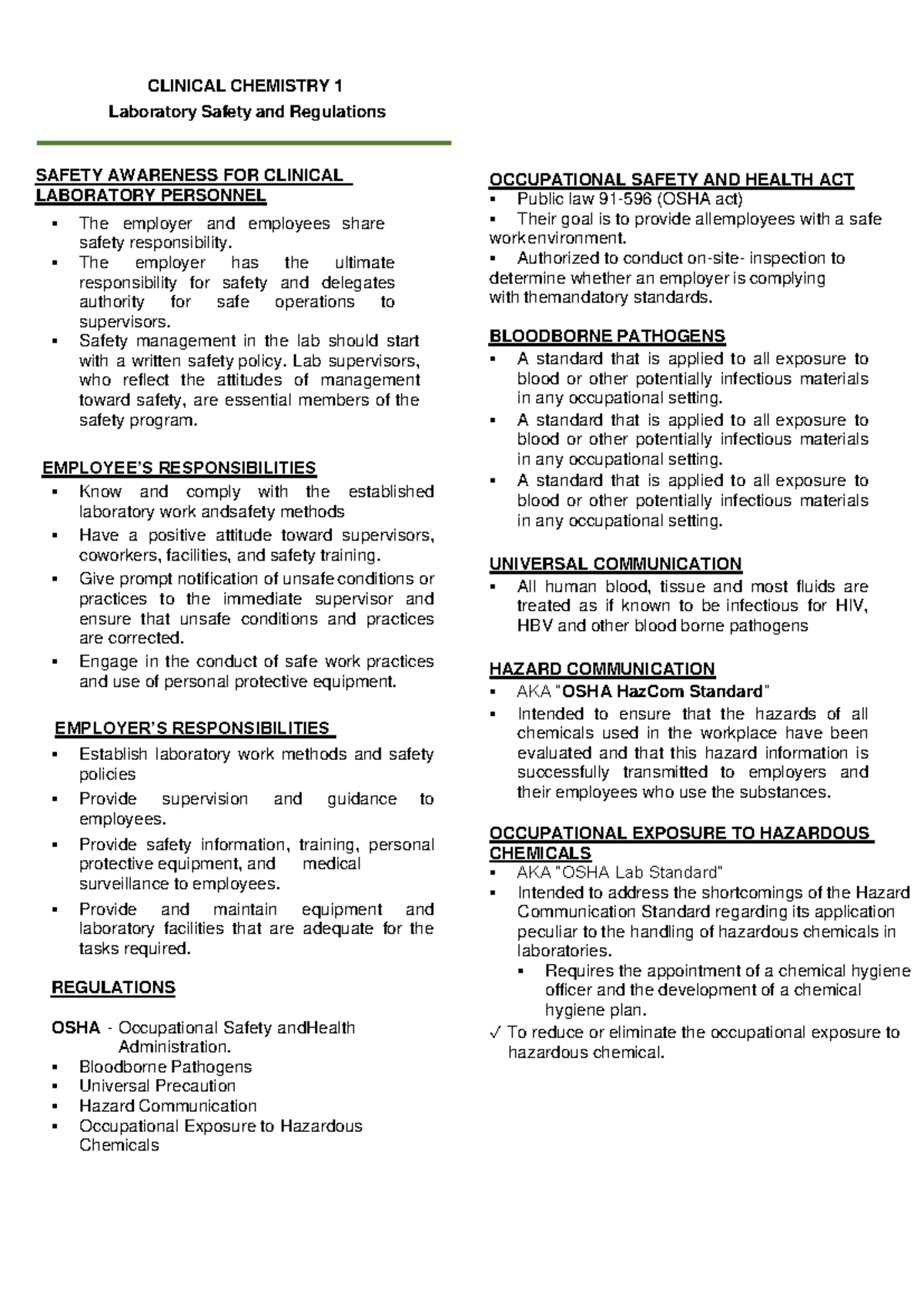 CLINICAL CHEMISTRY 1: Lab Safety & Regulations Overview - Studocu