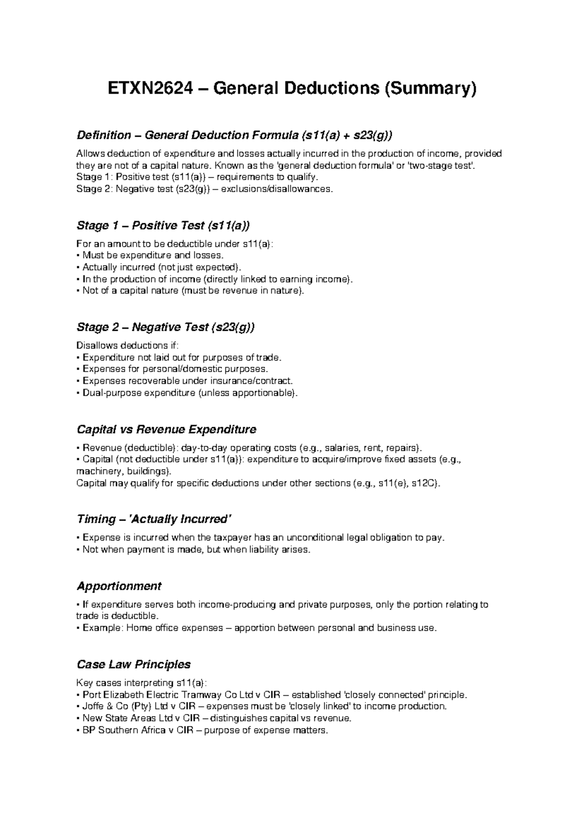 ETXN2624 General Deductions Summary: Key Principles & Tests - Studocu