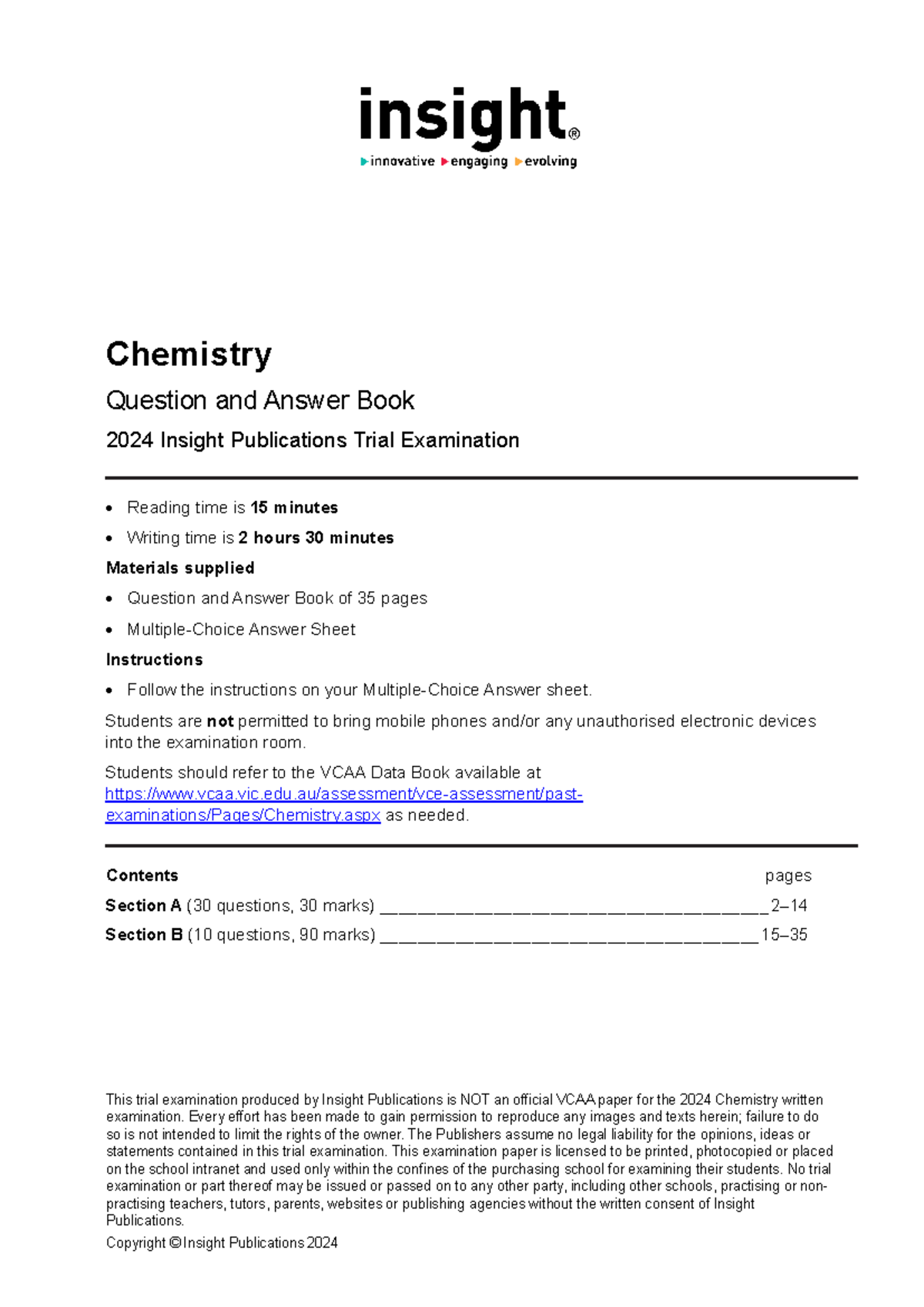 2024 VCE Chemistry Trial Exam: Insights 3 & 4 Review - Studocu