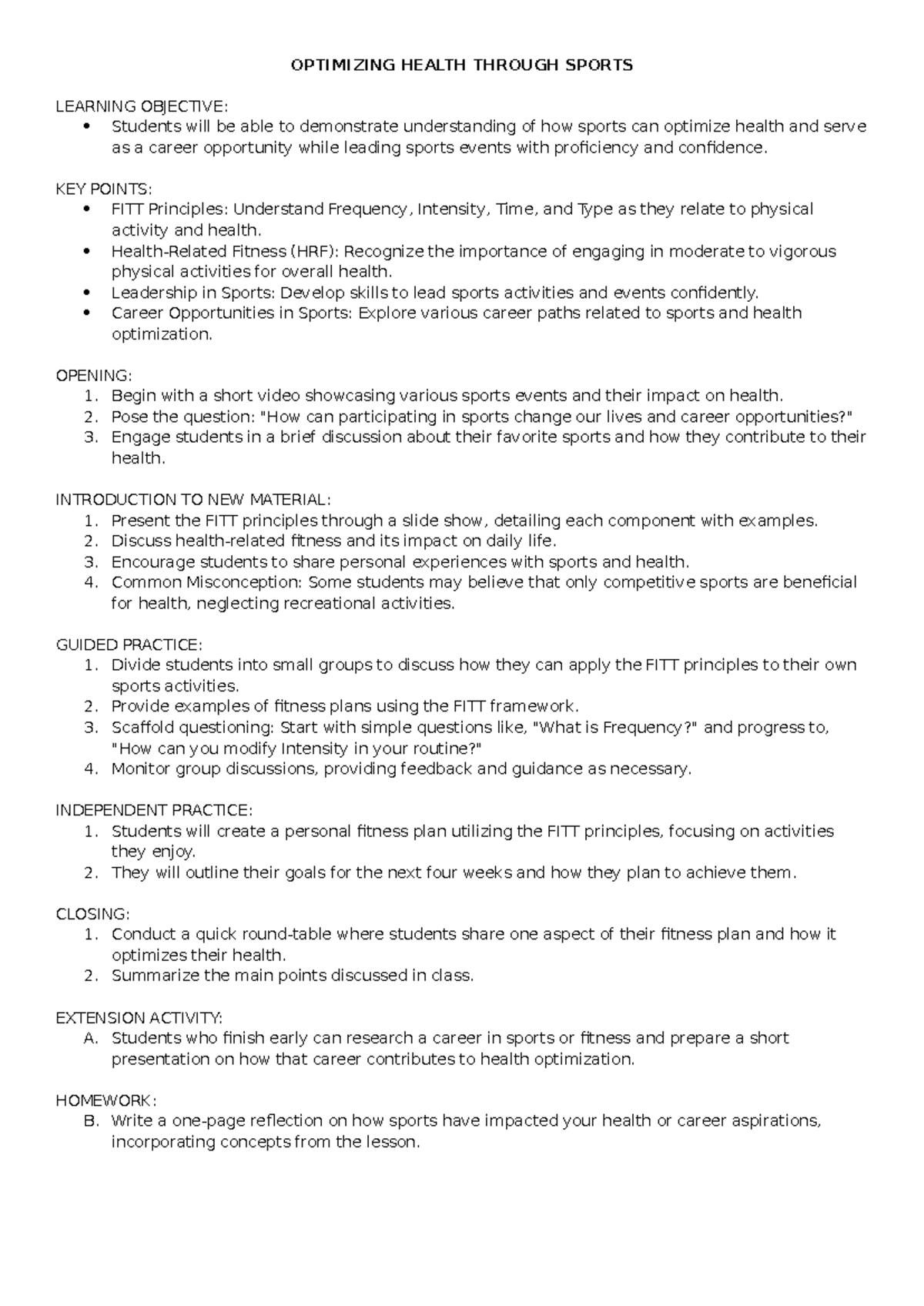 OPTIMIZING HEALTH THROUGH SPORTS: FITT Principles & Career Paths - Studocu