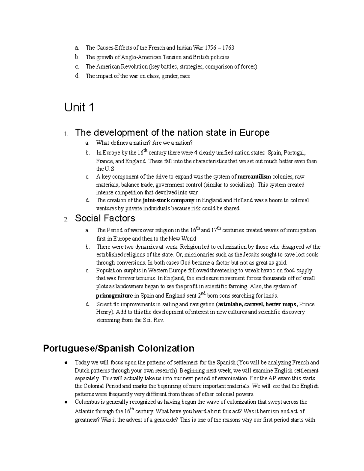 APUSH Unit 1 Notes: French and Indian War to American Revolution - Studocu