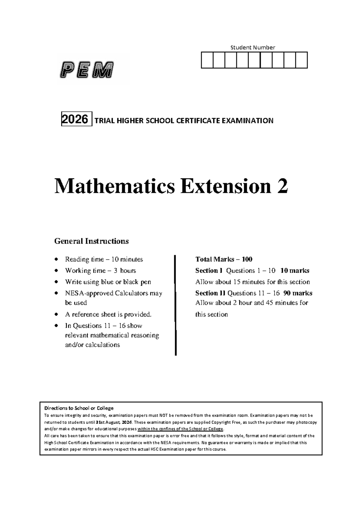PEM 2026 Mathematics Extension 2 Trial HSC Exam Paper - Studocu