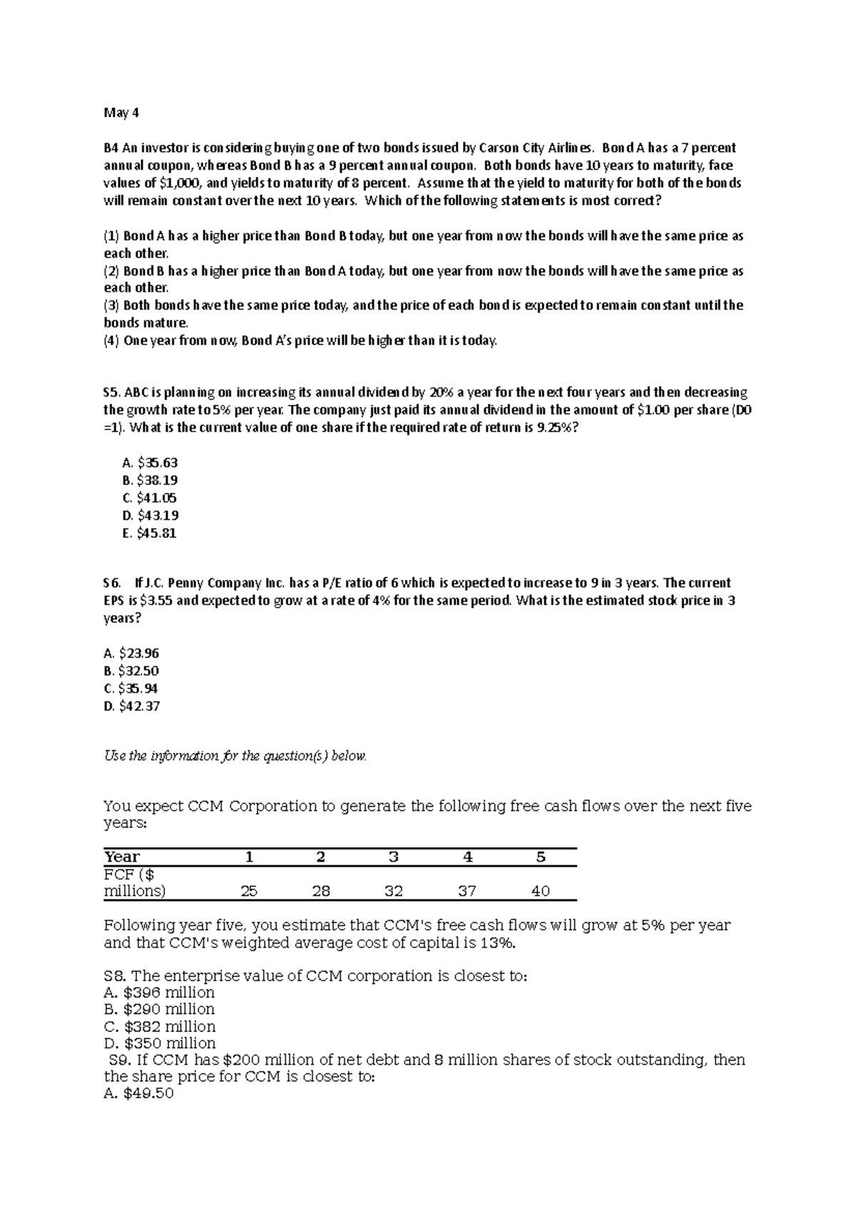 FINA 2303 Practice Questions - May 4 Exam Prep Version 1 - Studocu