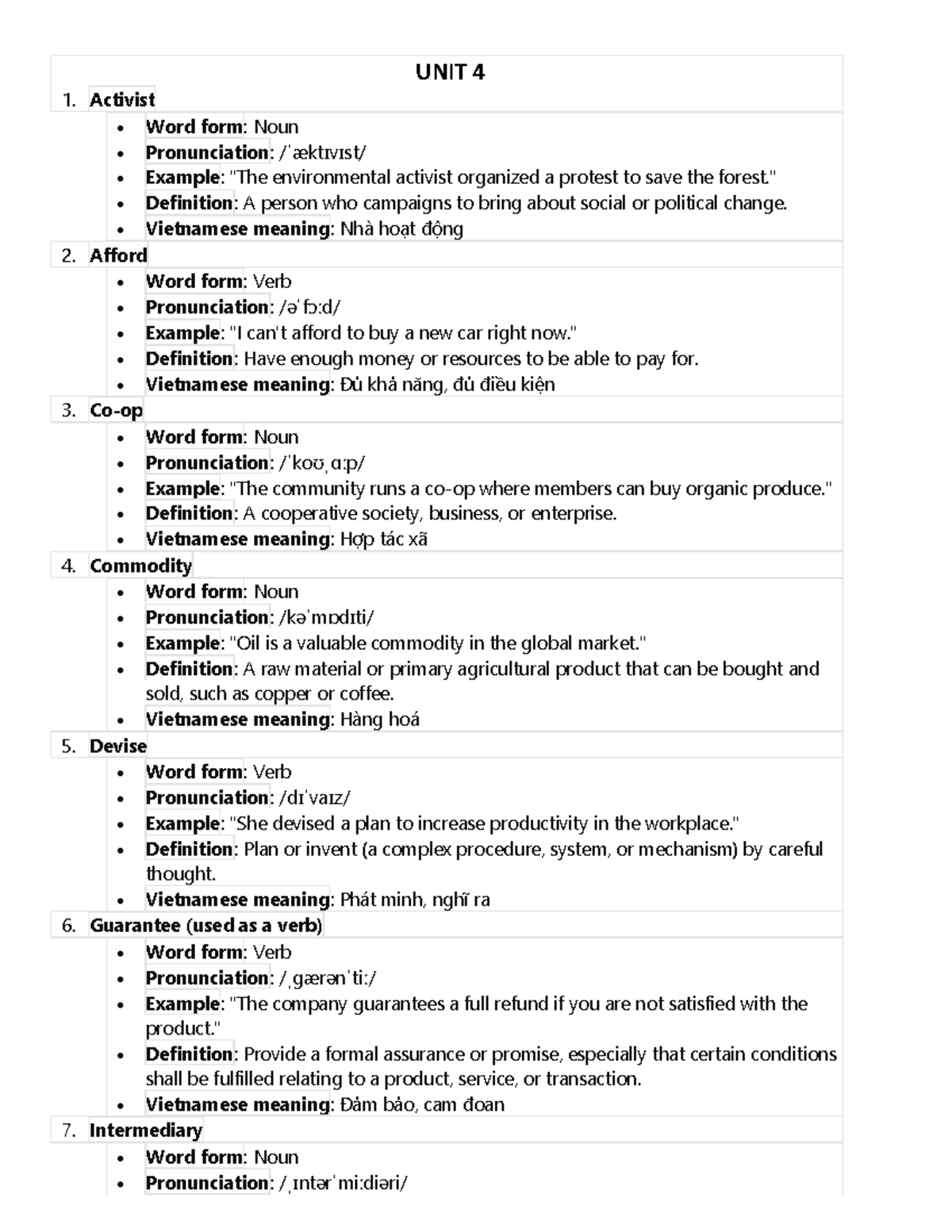 UNIT 4 Vocabulary List: Key Terms and Definitions for Listening-1 - Studocu