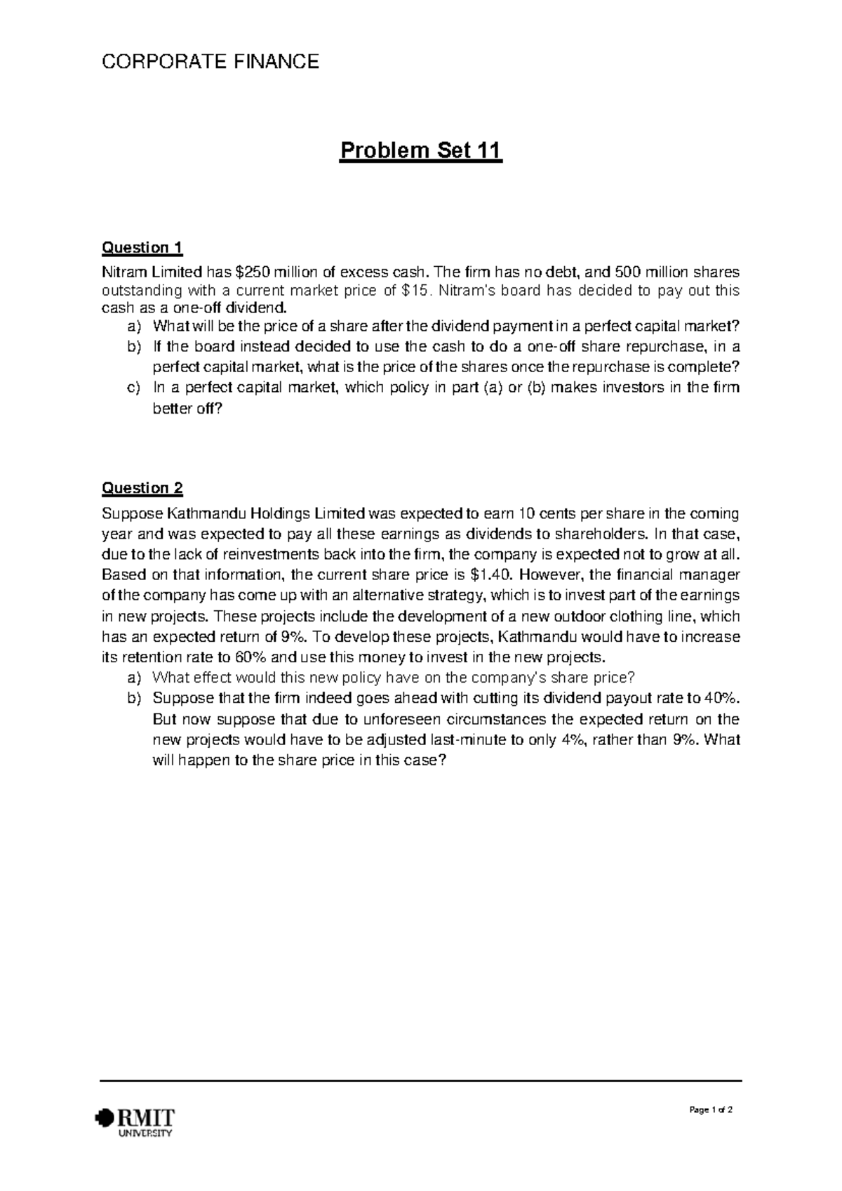CORPORATE FINANCE Problem Set 11: Dividend vs. Share Repurchase ...