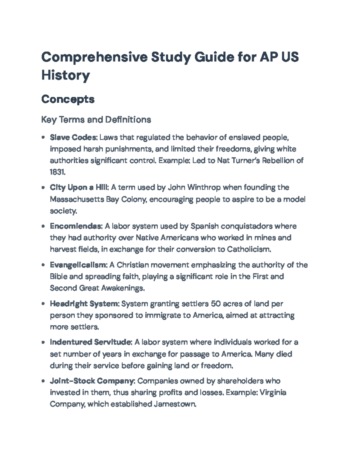 Comprehensive Study Guide for AP US History - Key Concepts & Terms ...