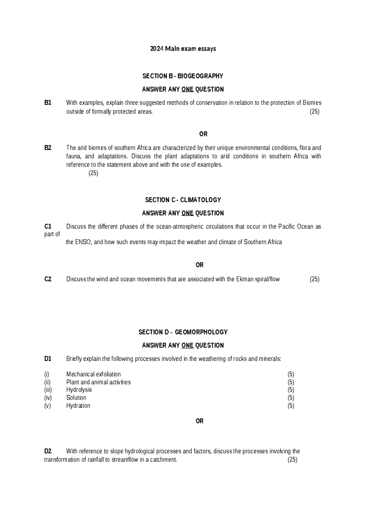 2024 Final Exam Essays: Biogeography, Climatology & Geomorphology - Studocu