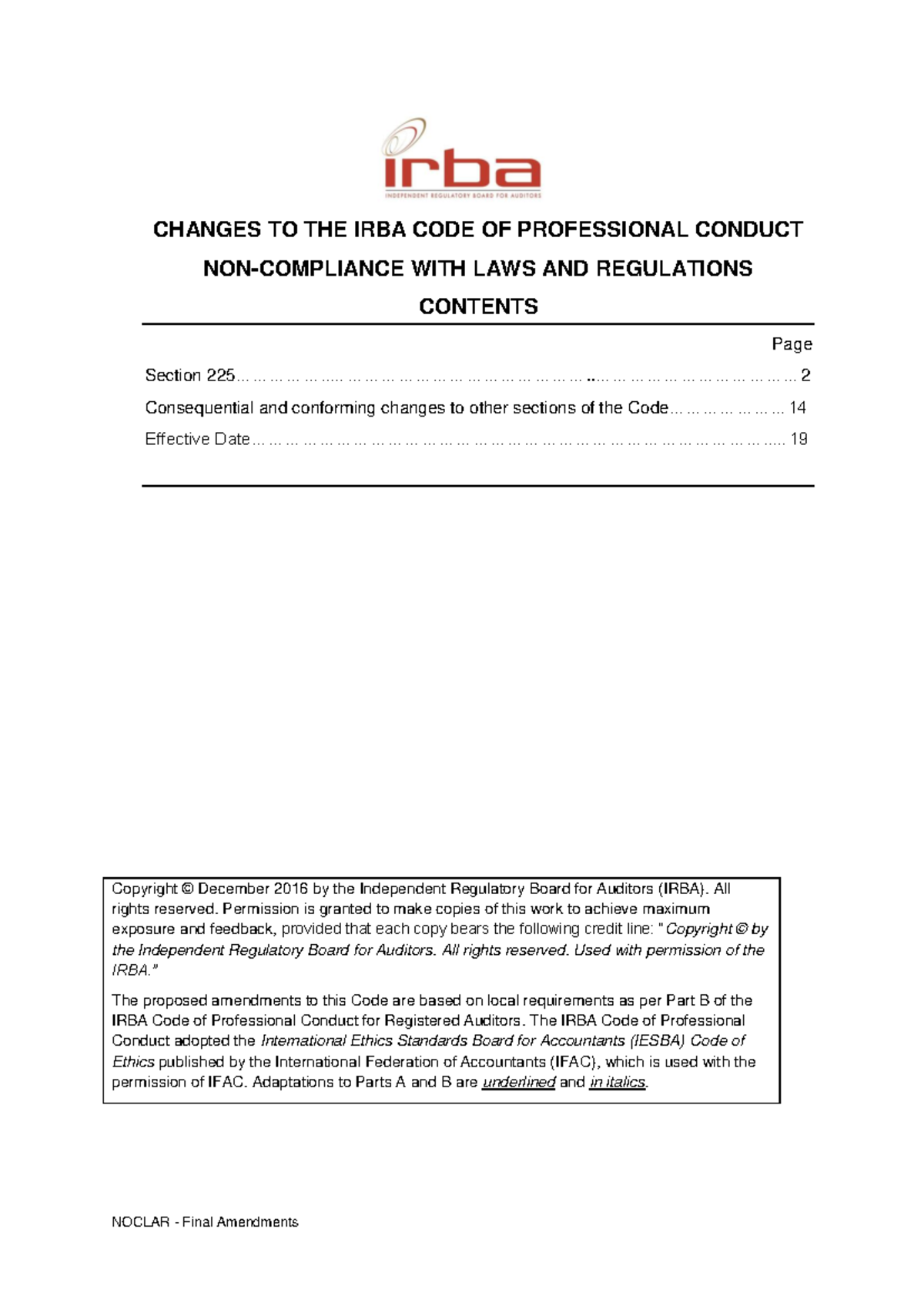 NOCLAR Final Amendments: Changes to the IRBA Code of Professional ...