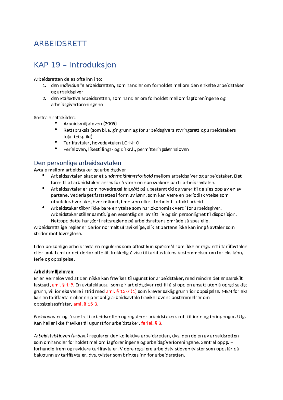 ARBEIDSRETT KAP 19-21: Introduksjon til Arbeidsrett og Ansettelse - Studocu