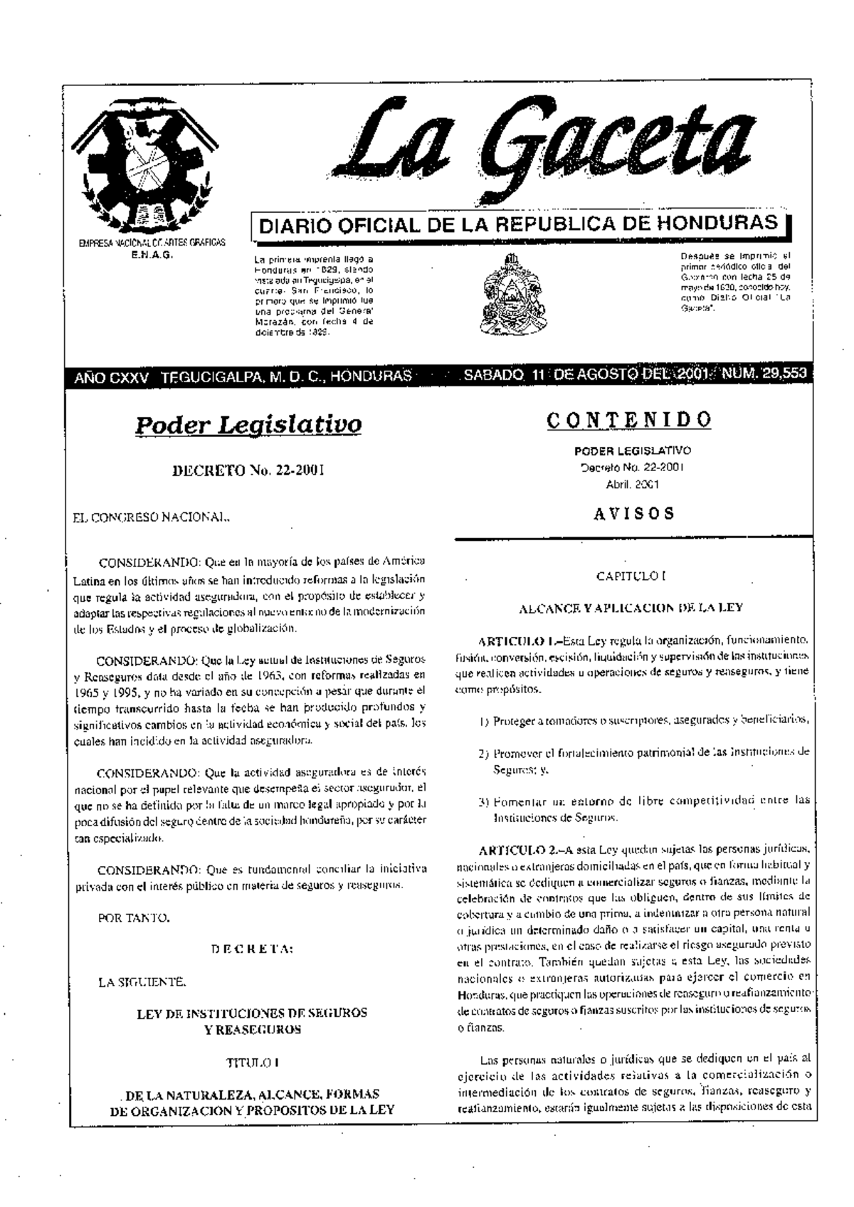 Ley de Seguros y Reaseguros en Honduras - Decreto de Agosto 2001 - Studocu