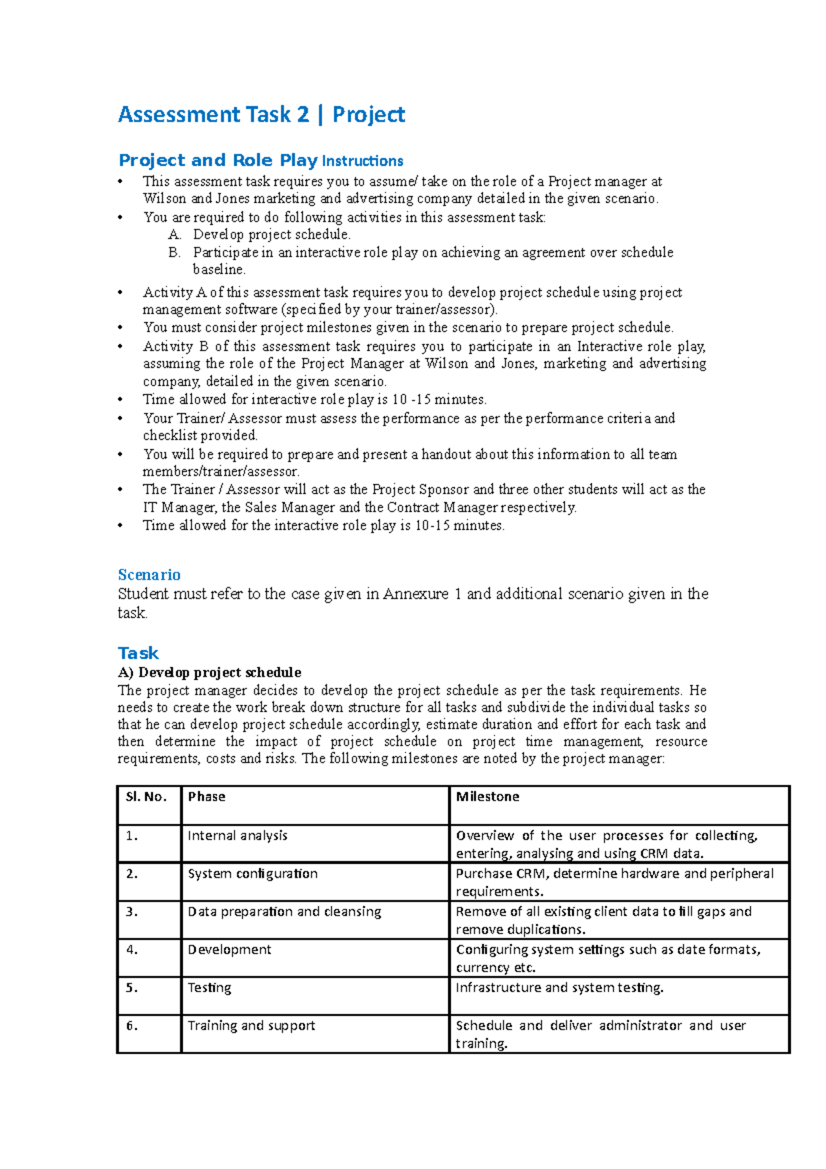 Assessment Task 2: Project Management Role Play & Schedule Development ...
