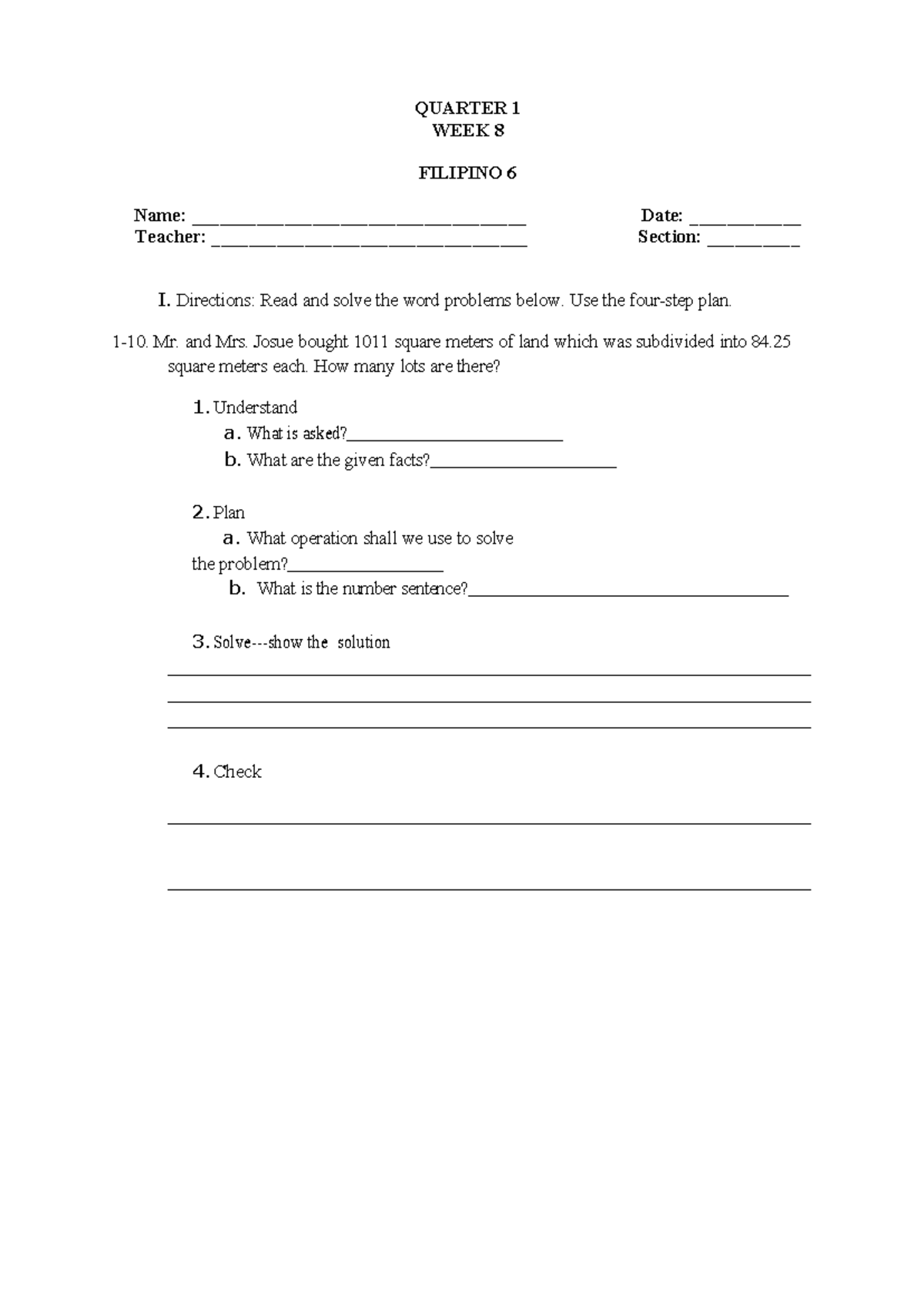 MATH 6 SUM TEST WEEK 10 - WORD PROBLEMS SOLUTIONS - Studocu