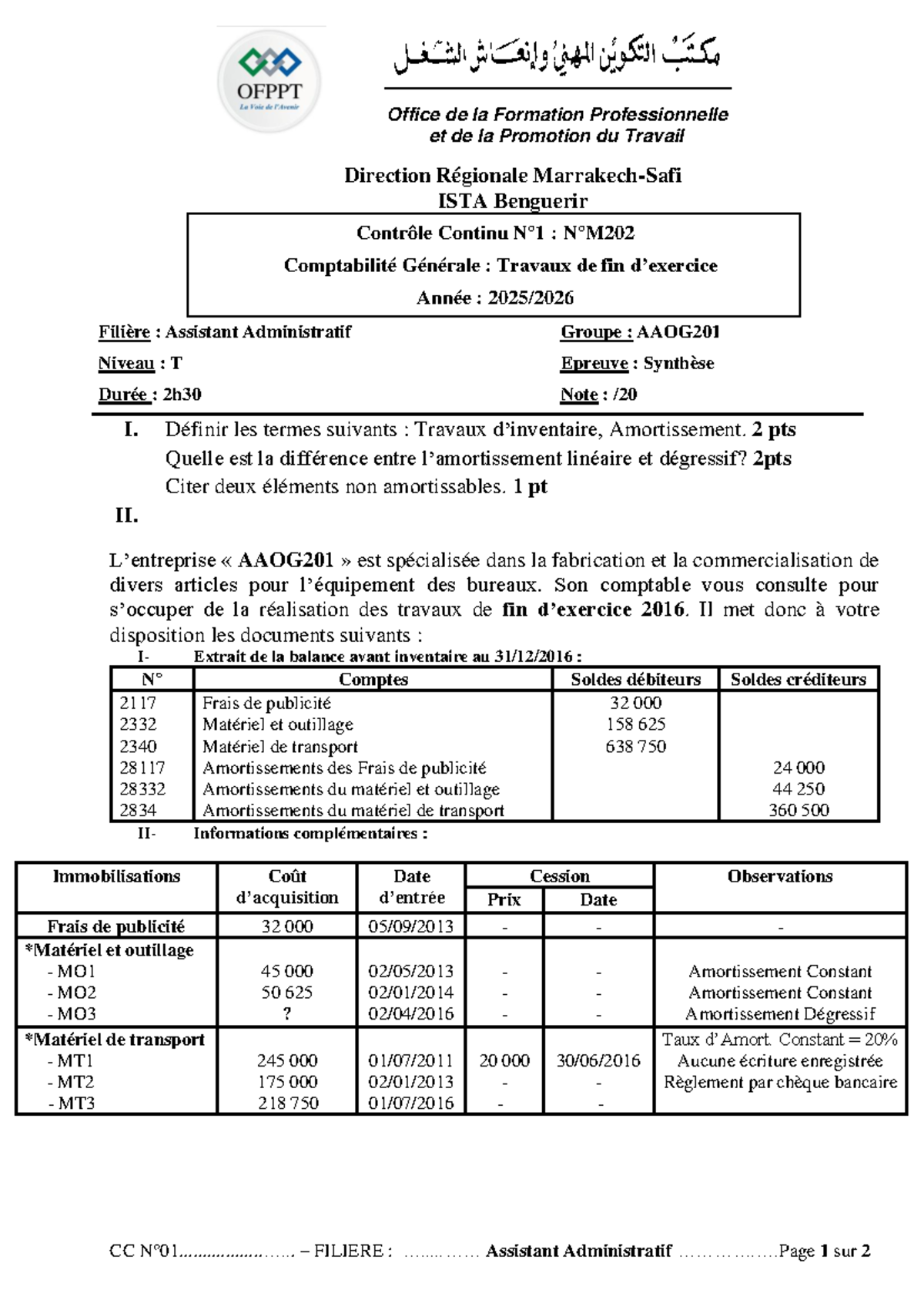 CC1 AAOG201 Contrôle Continu : Comptabilité Générale - Travaux de Fin d ...