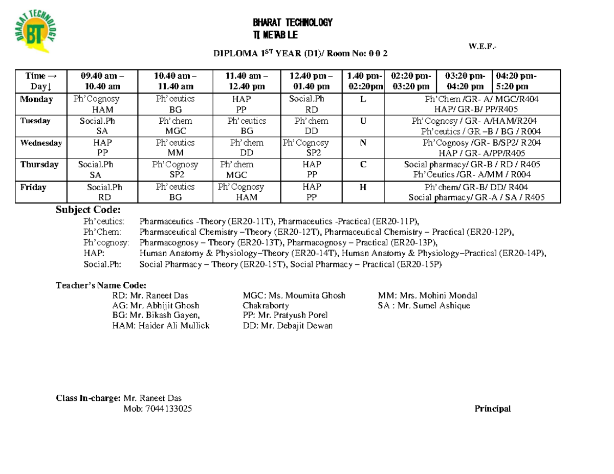 D.Pharm 1st Year Routine 2026 - Class Schedule and Details - Studocu