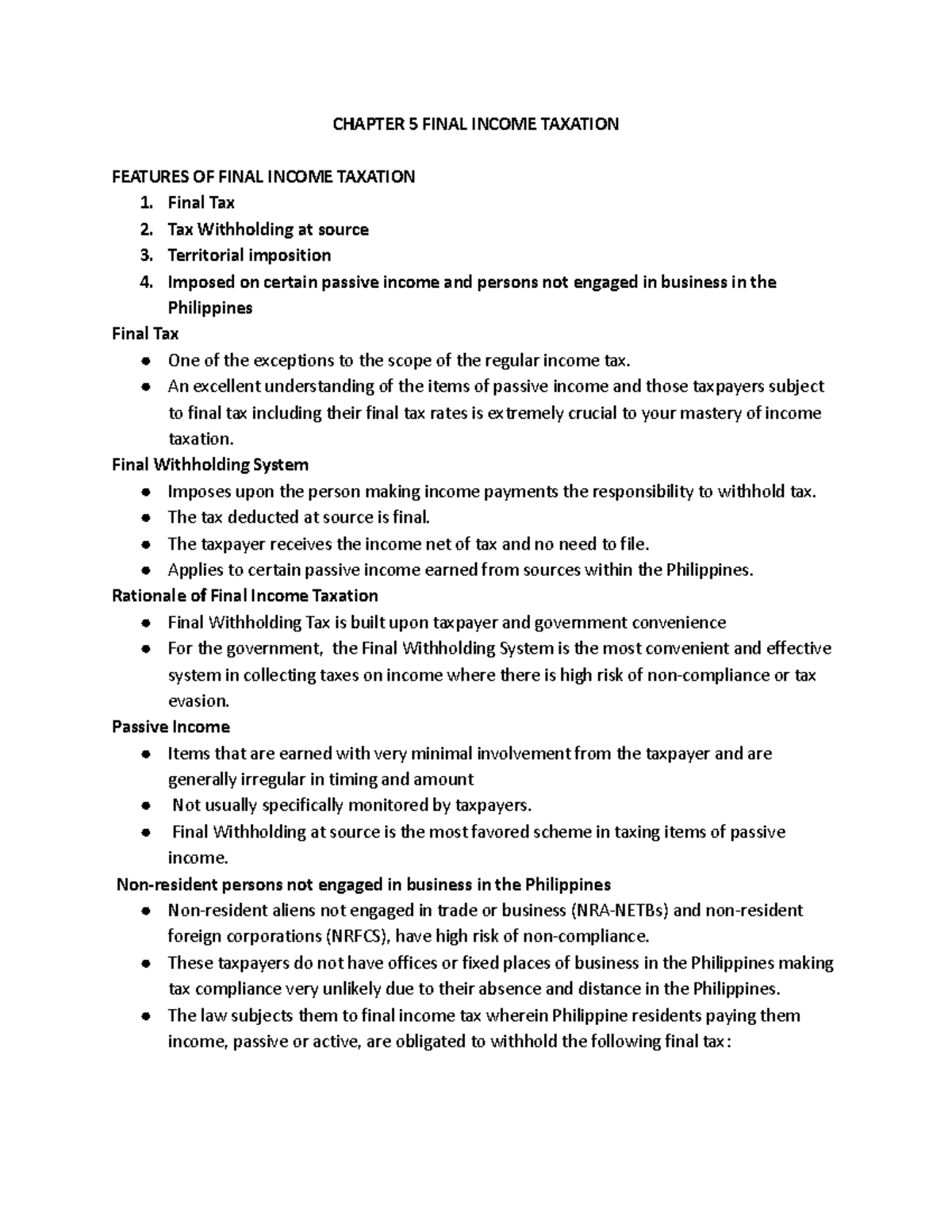 CHAPTER 5 FINAL INCOME TAXATION: KEY FEATURES AND RATES - Studocu