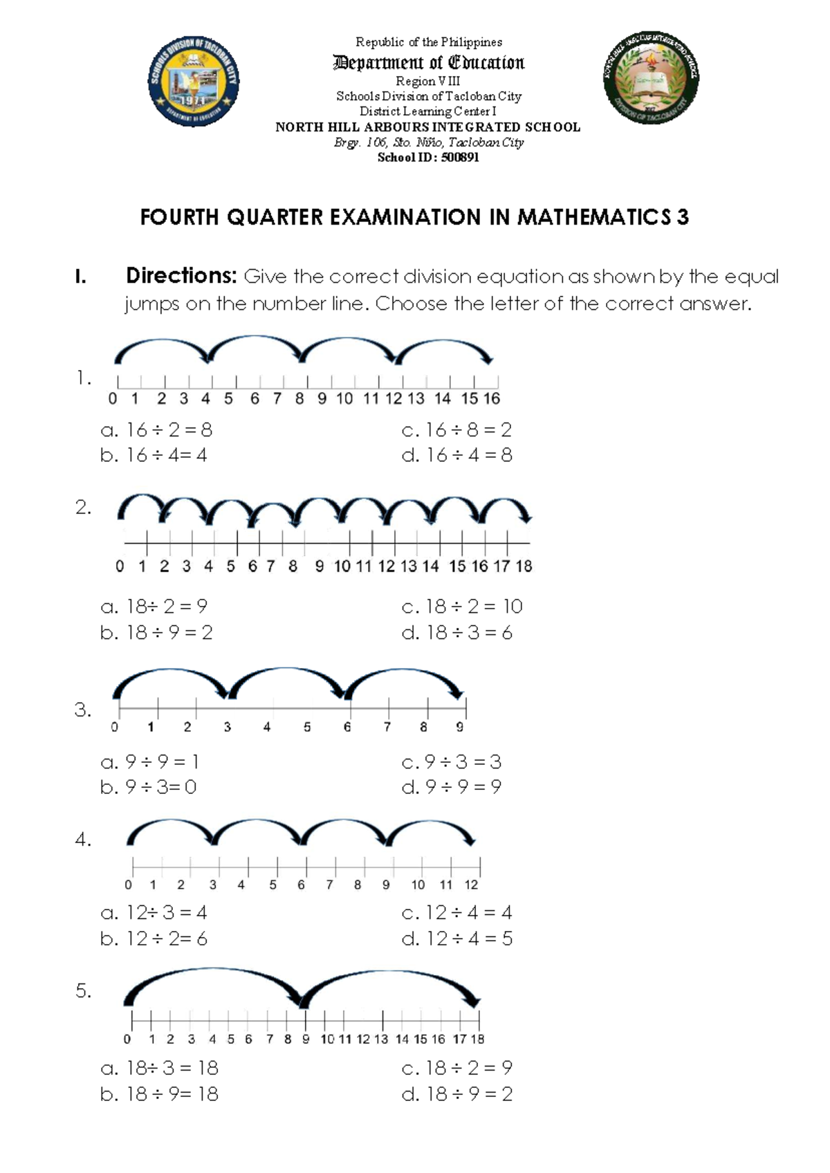 Grade 3 Math 4th Quarter Exam - Division & Quotients - Studocu