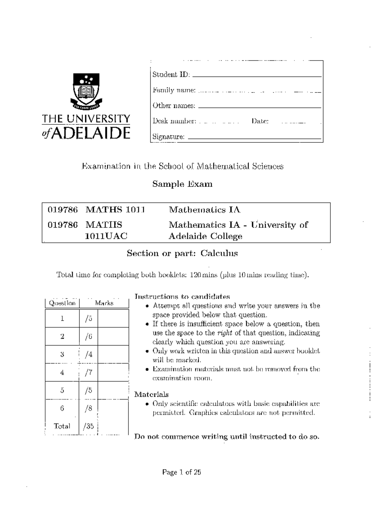 IA MATHS 1011 sample exam solutions for calculus topics - Studocu