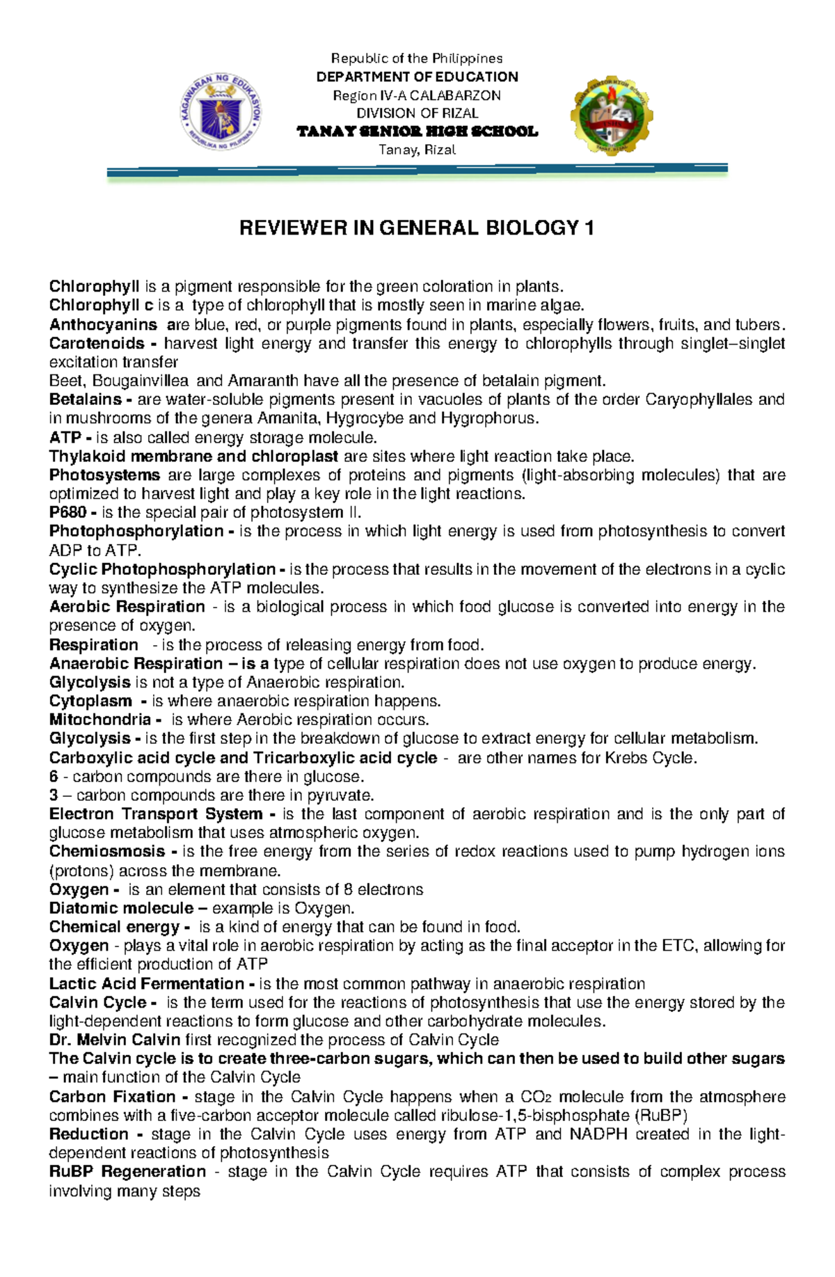 Biology 1 quarter 2 reviewer - Republic of the Philippines DEPARTMENT ...