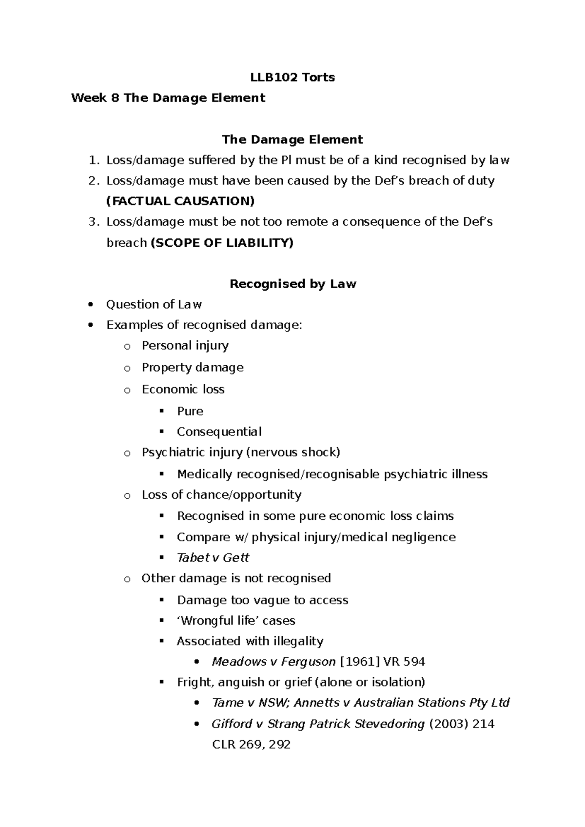 LLB102 Torts Week 8 Lecture Notes: The Damage Element Explained - Studocu