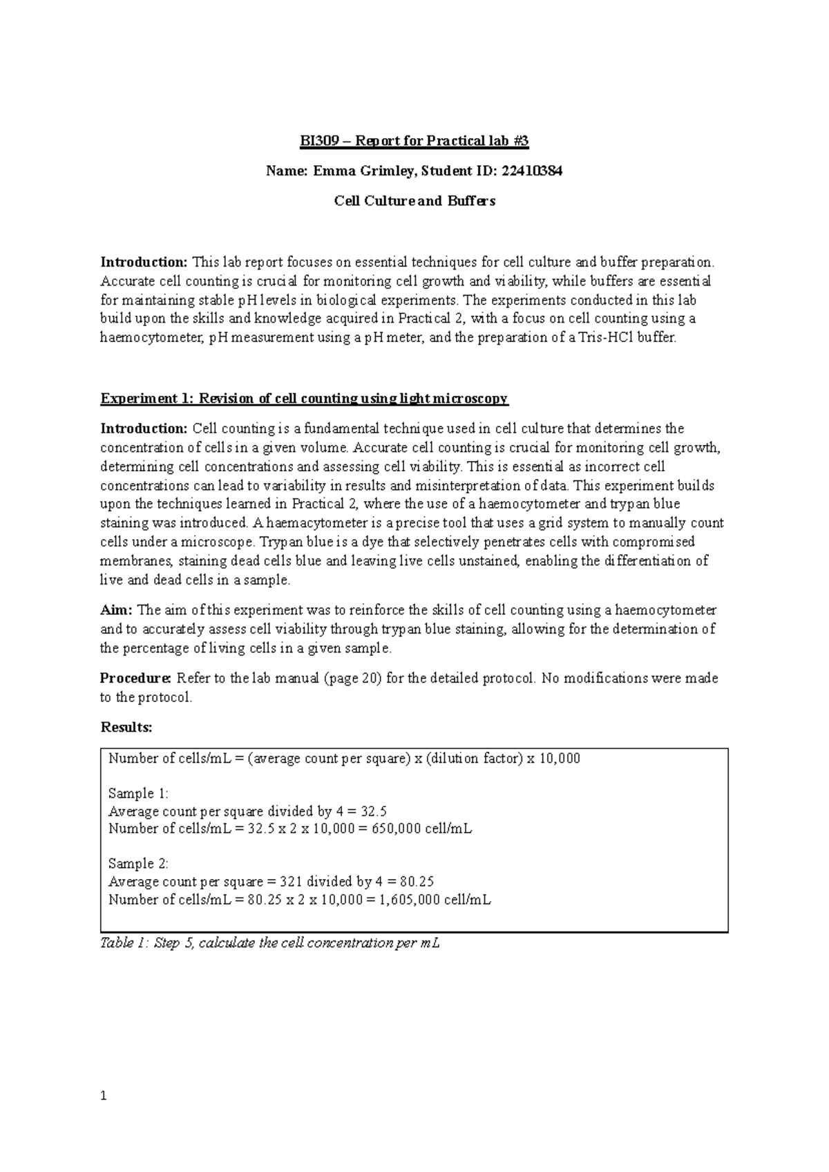 BI309 Practical Lab Report: Cell Culture & pH Measurement Techniques ...