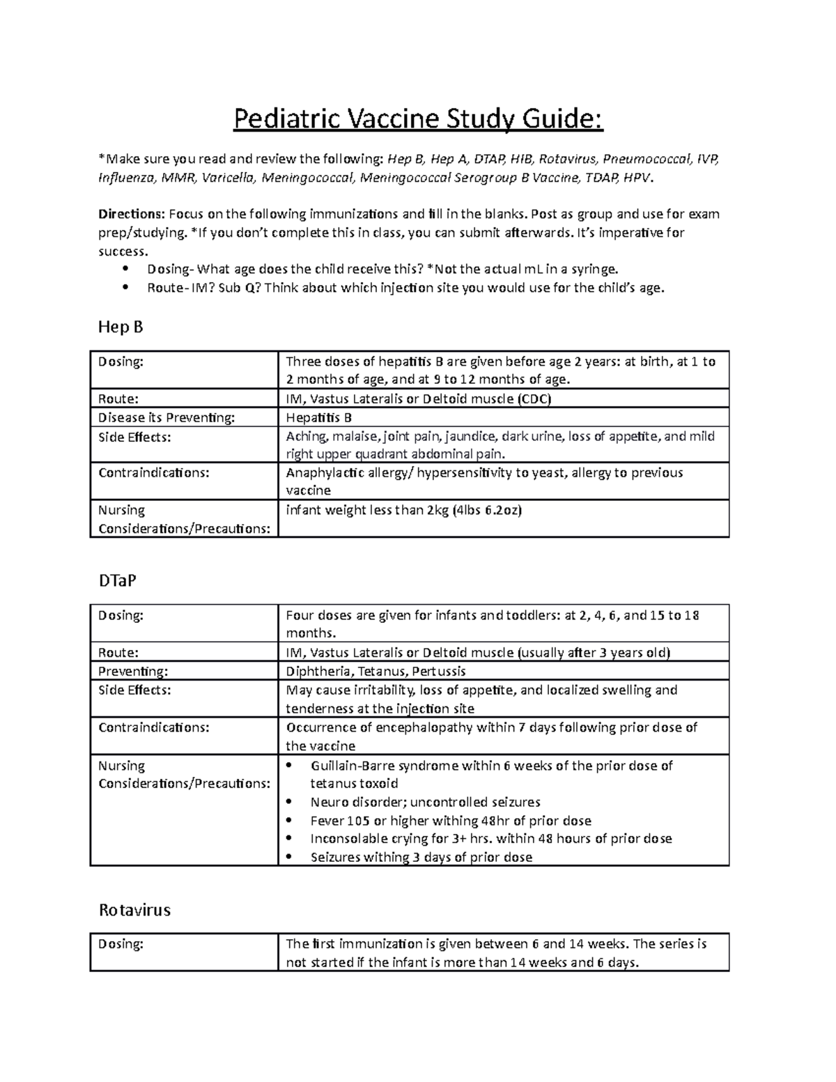 Pediatric Vaccine Study Guide for Exam Prep and Dosing Details - Studocu