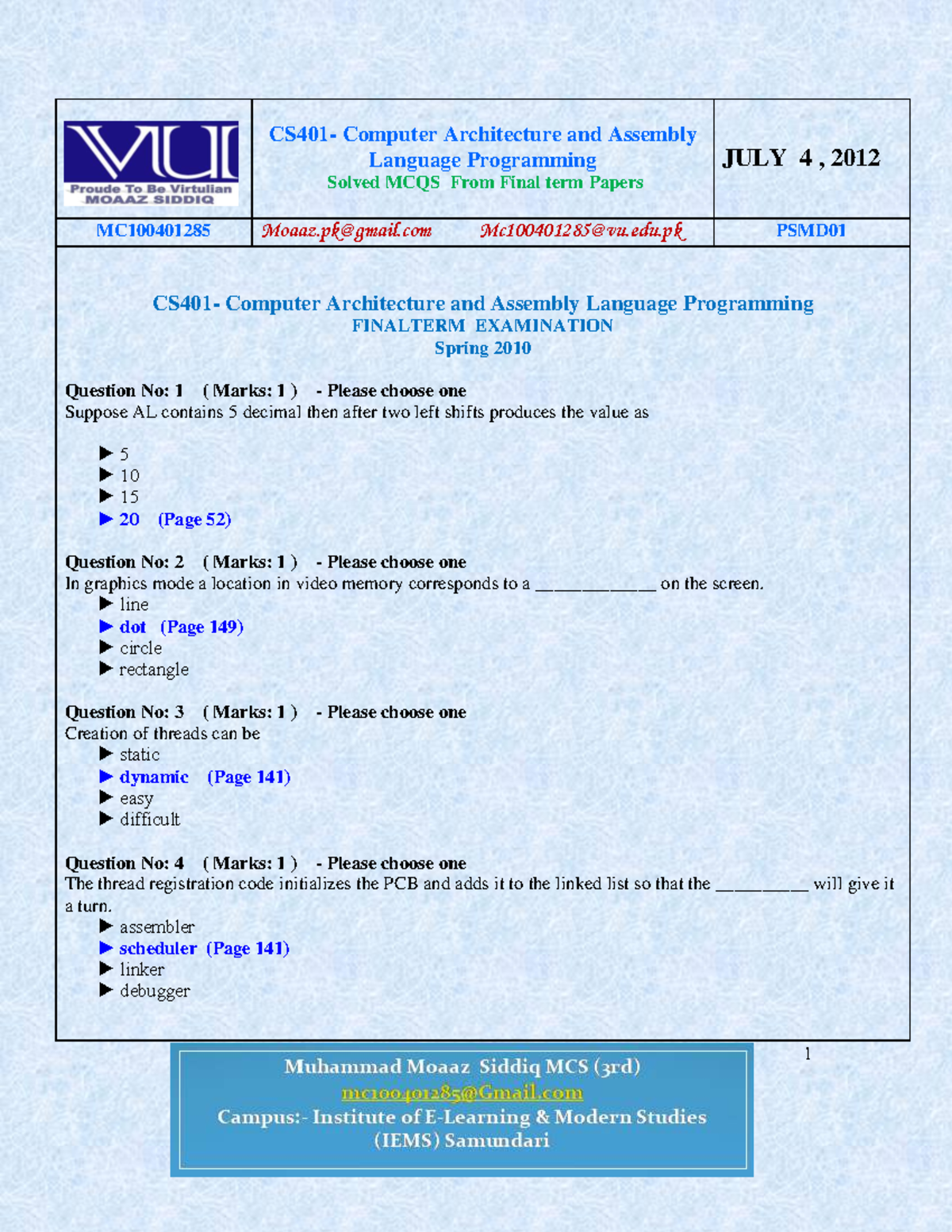 CS401 Final Exam MCQs on Computer Architecture & Assembly Language ...
