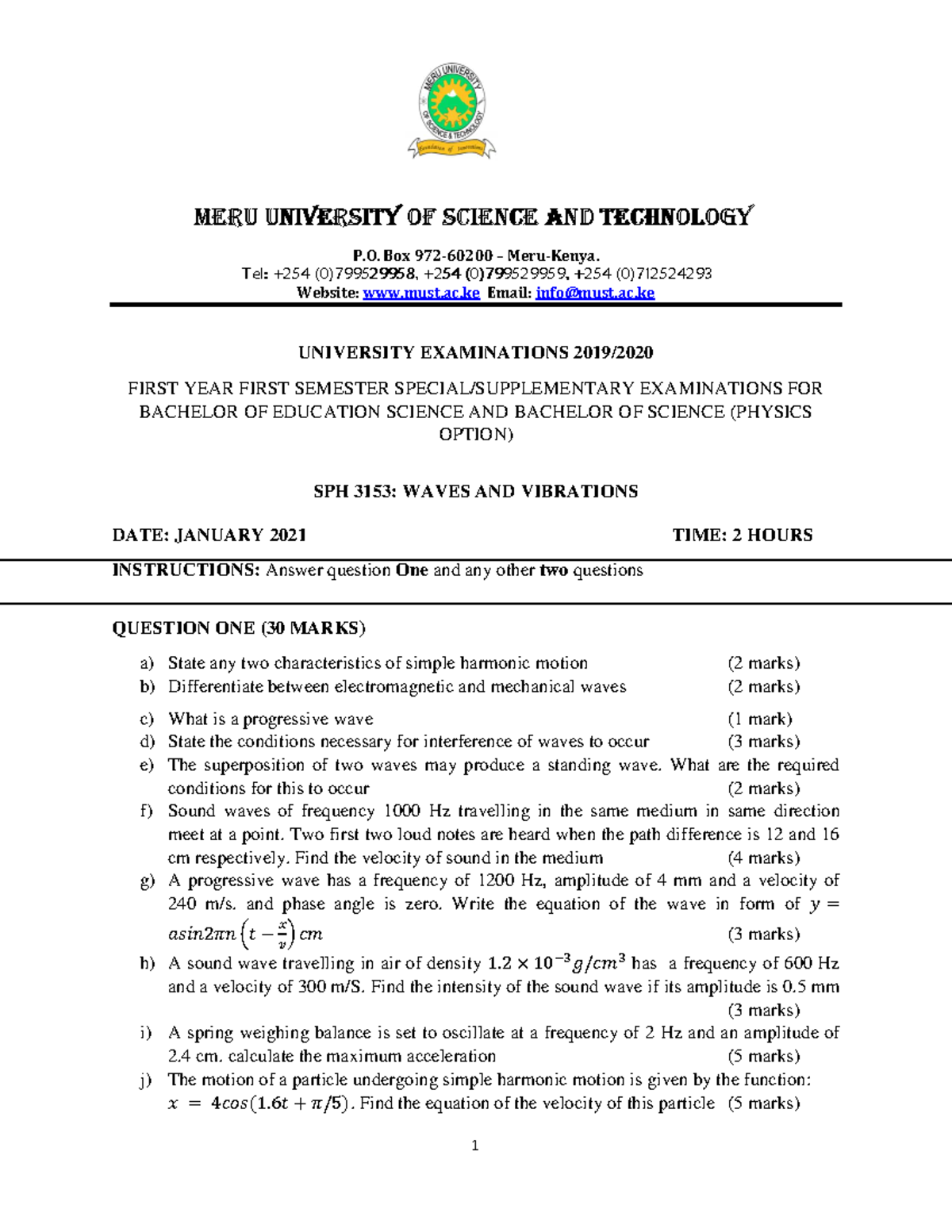 SPH 3153: Special/Supplementary Exam Study Notes on Waves & Vibrations - Document Preview