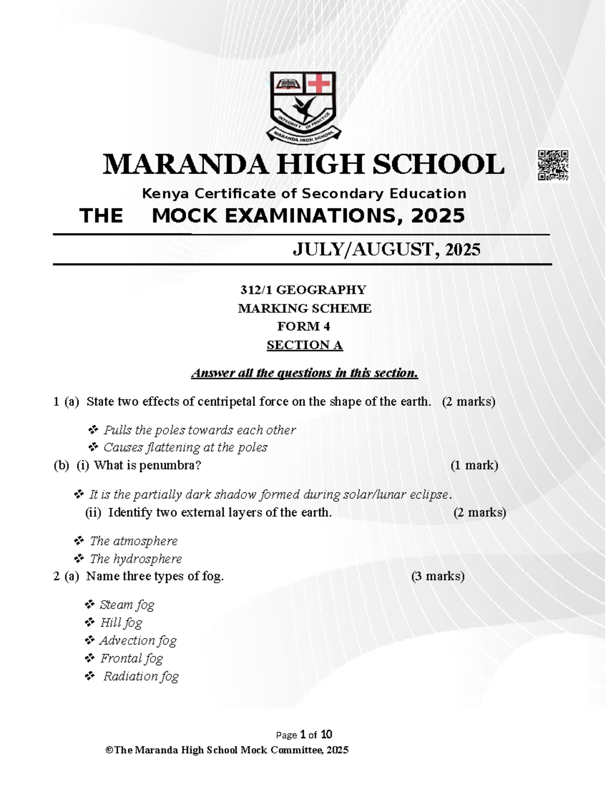 GEO PP1 ANS - Maranda High School Mock Exam Geography 2025 - Studocu