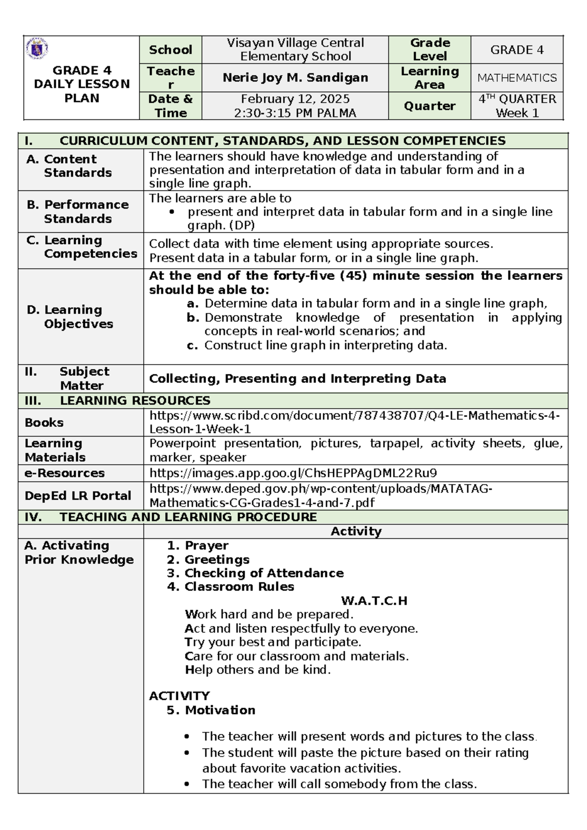 GRADE 4 MATH Lesson Plan: Data Presentation & Interpretation - Studocu