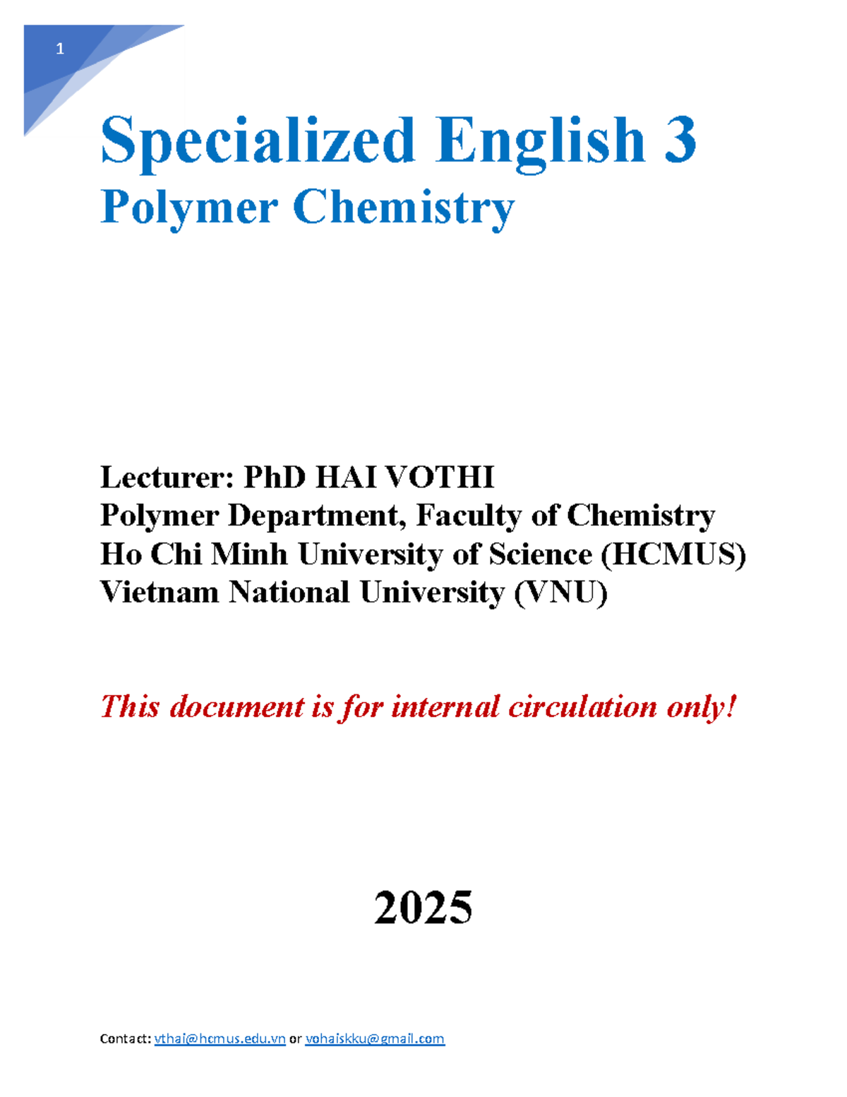 Specialized English 3: Polymer Chemistry Lecture Notes - Studocu