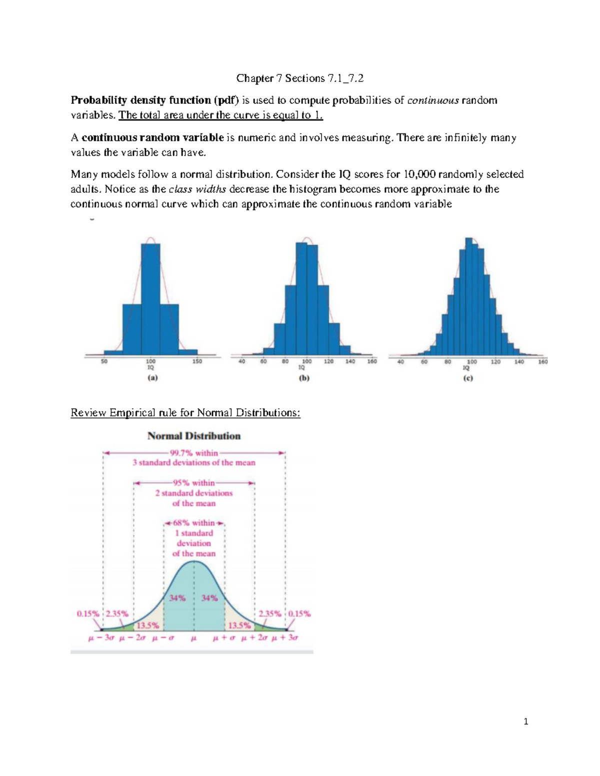 Math 7.2: Notes on Continuous Random Variables and Normal Distribution ...