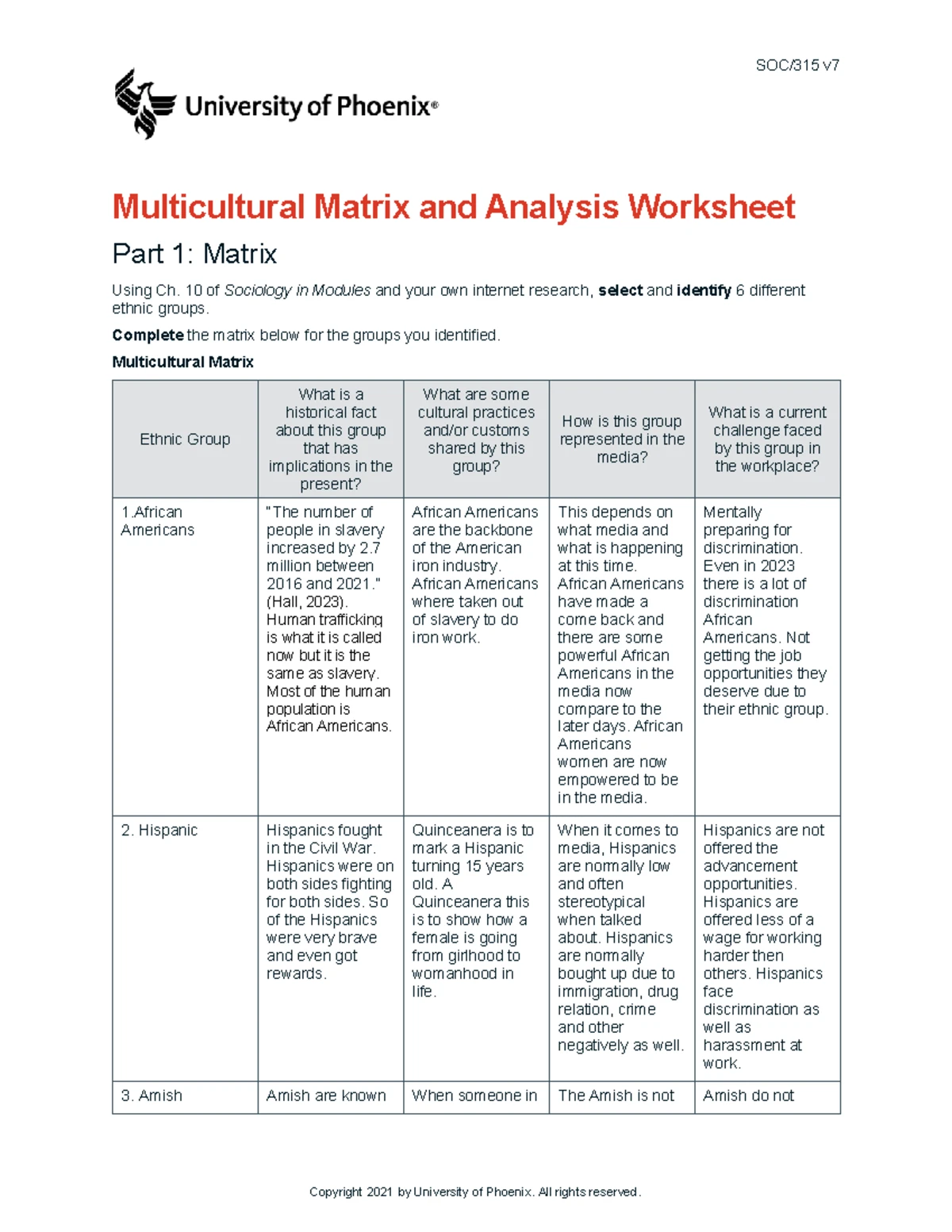 SOC/315 v7 wk3 Multicultural Matrix & Analysis Worksheet Guide - Studocu