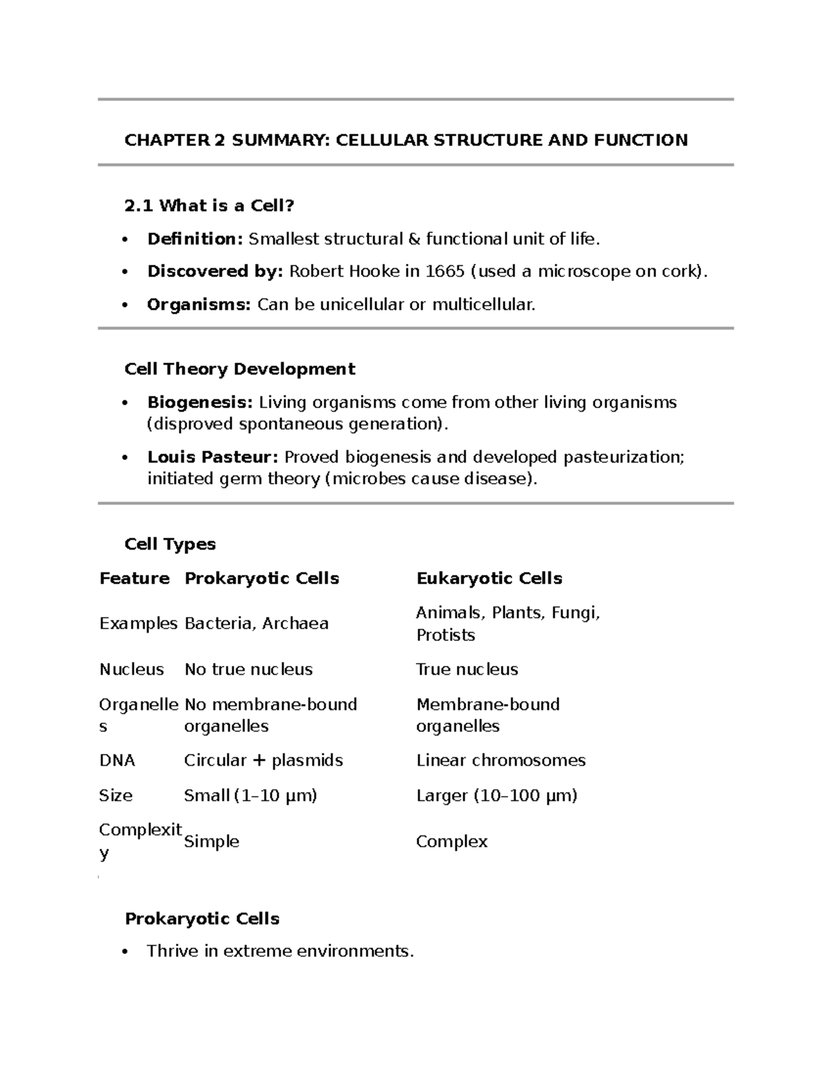 BIOLOGY 101 CHAPTER 2 SUMMARY: CELLULAR STRUCTURE & FUNCTION - Studocu