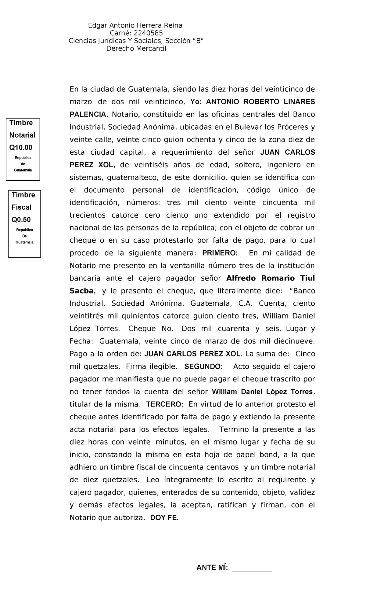 Protesto de Cheque por Falta de Pago - Derecho Mercantil B 2240585 ...