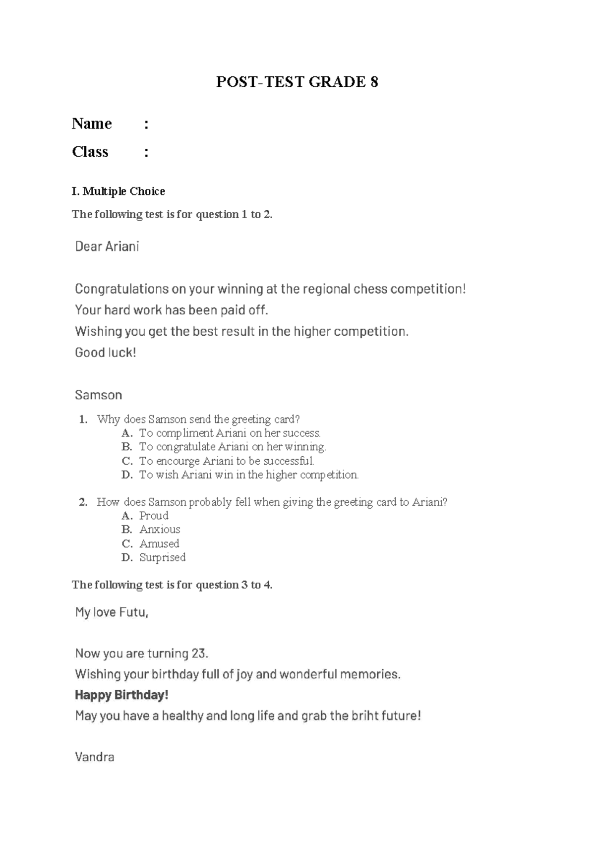 PRE:POST TEST Grade 8 - Multiple Choice Questions and Answers - Studocu