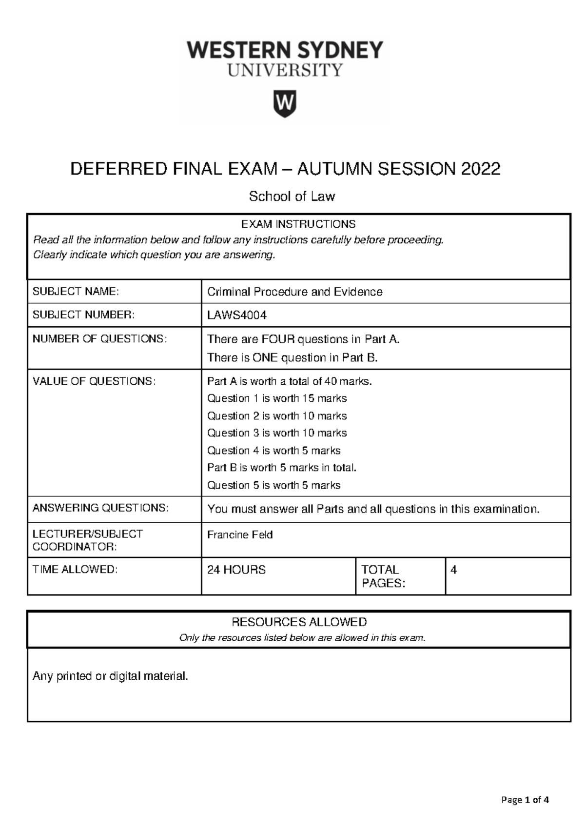 Deferred Final Exam - LAWS4004 Criminal Procedure - Studocu