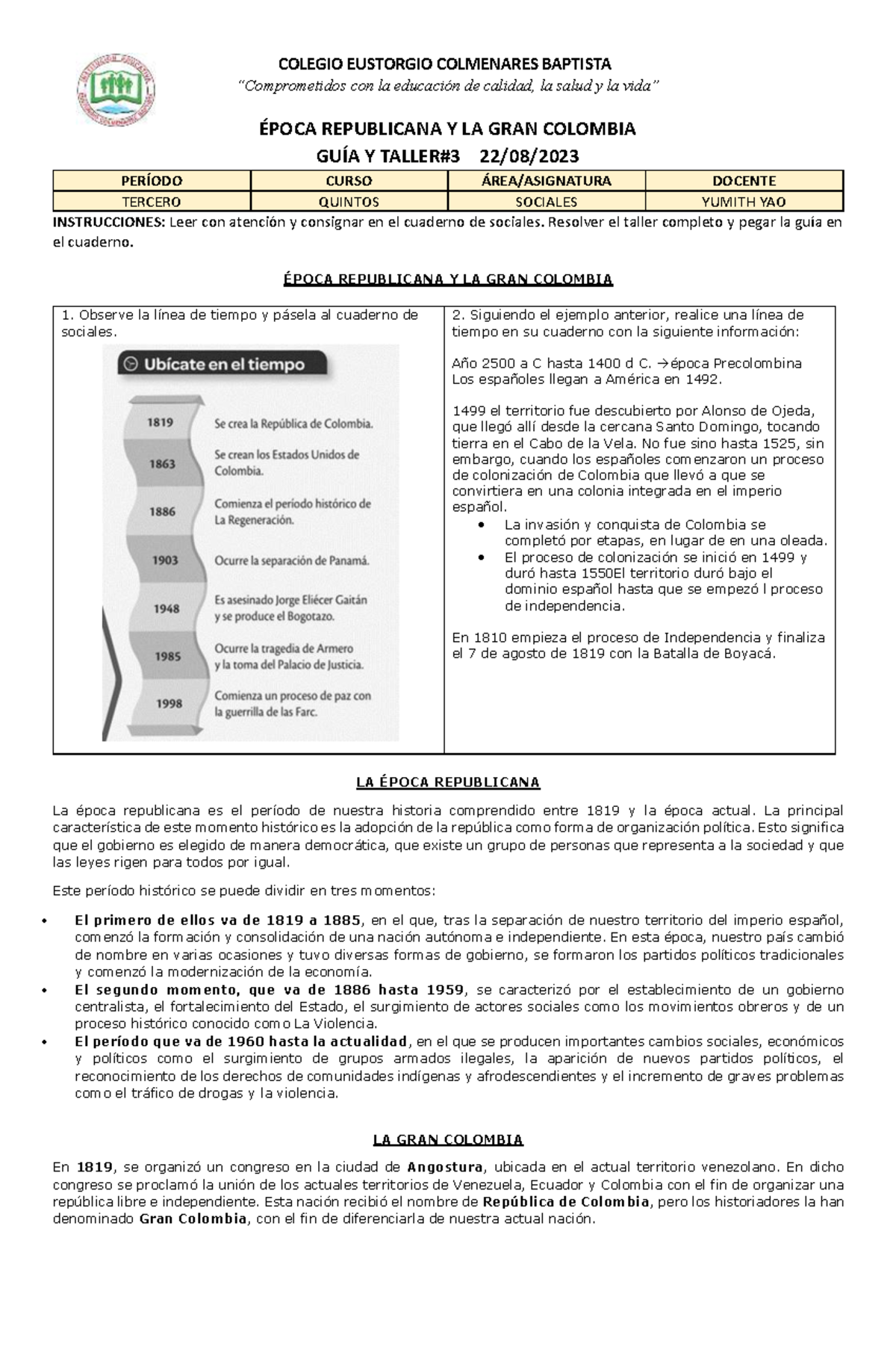 Guía y Taller #3: Época Republicana y Gran Colombia - Cuestionario 15 ...