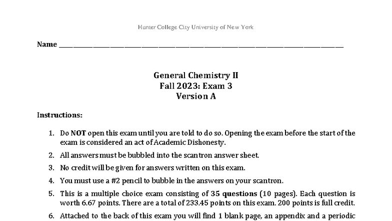 GenChemII Fall 2023: Practice Exam 3A - Hunter College - Studocu