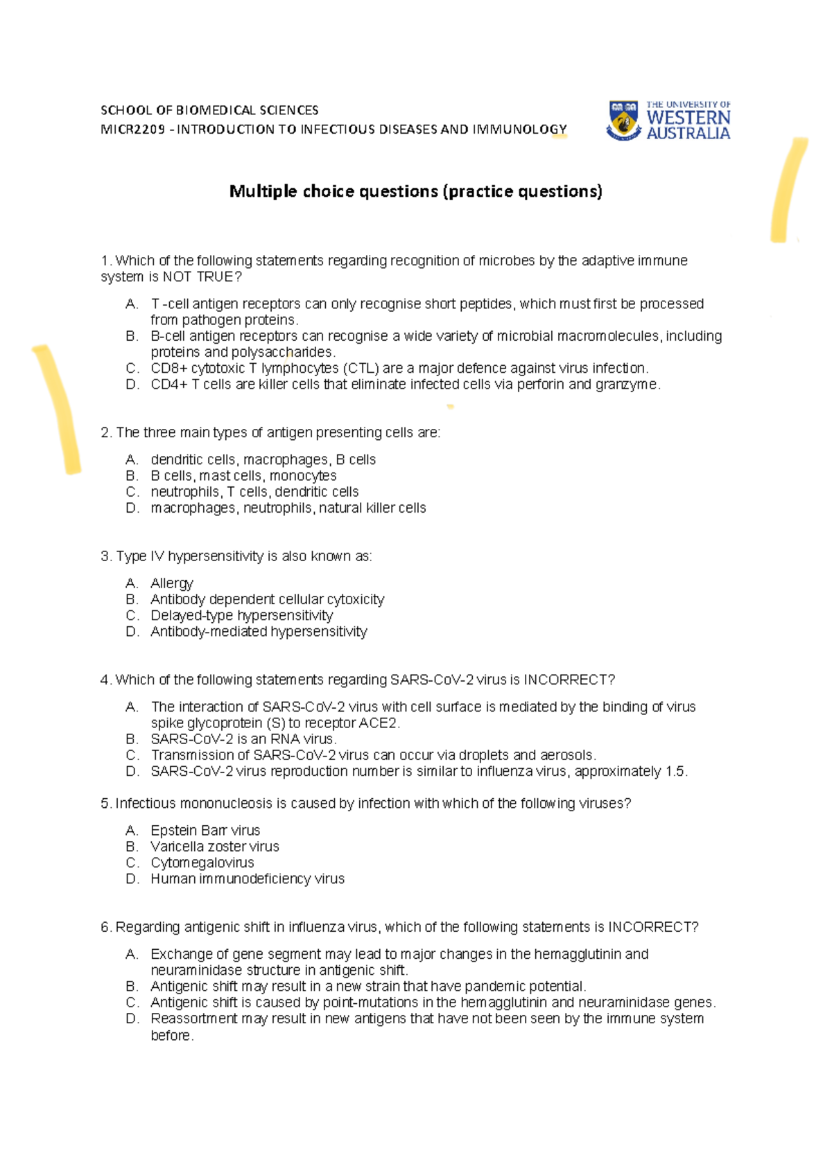 MICR2209 Mid-Sem Exam - Practice Questions on Infectious Diseases - Studocu