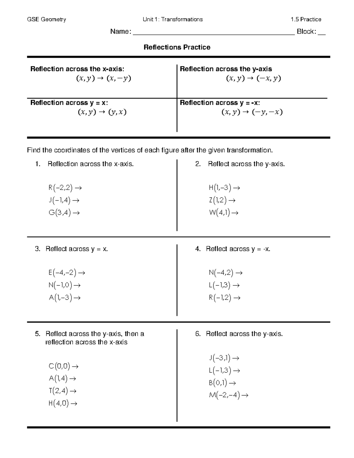 GSE Geometry Unit 1: Transformations Reflection Practice - Studocu