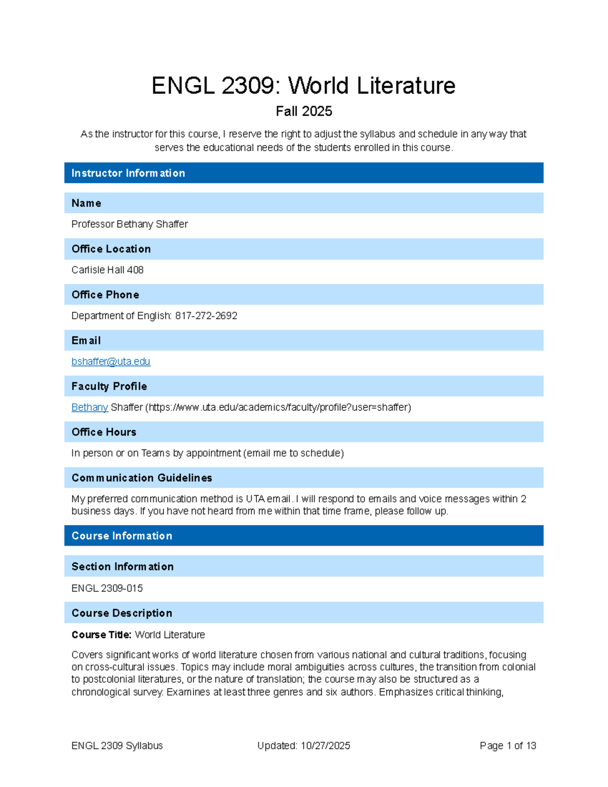 ENGL 2309: World Literature Syllabus and Course Overview Fall 2025 ...