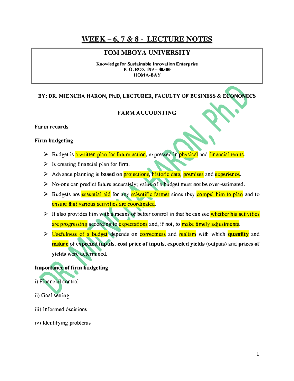 Agric-ECON- BEC-222, WEEK 6, 7 & 8 - WEEK – 6, 7 & 8 - LECTURE NOTES ...