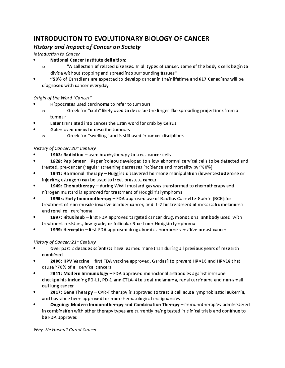 Final Exam Notes - Evolutionary Biology of Cancer (Cotechini) - Studocu