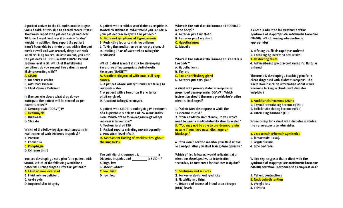 Siadh and di nclex   see it for yourself   A patient arrives to ...