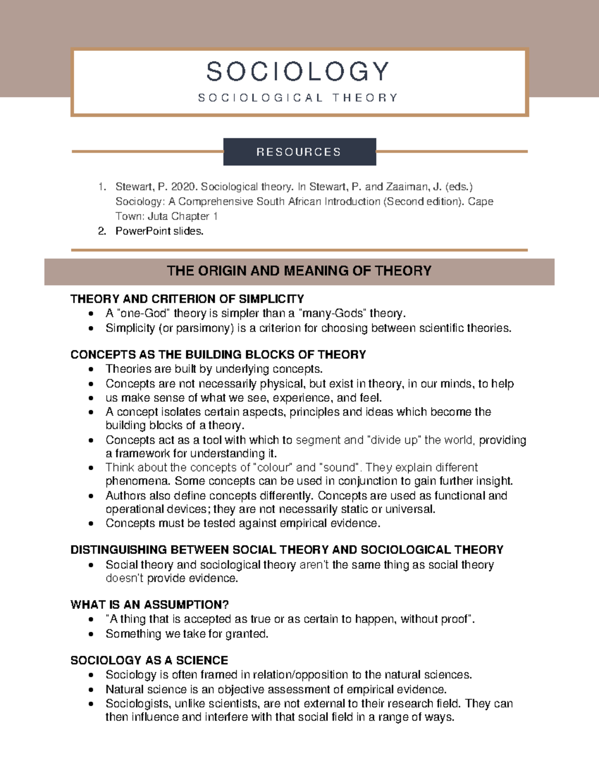 1 SOCIOLOGICAL THEORY - Comprehensive Summary Notes for Sociology - Studocu