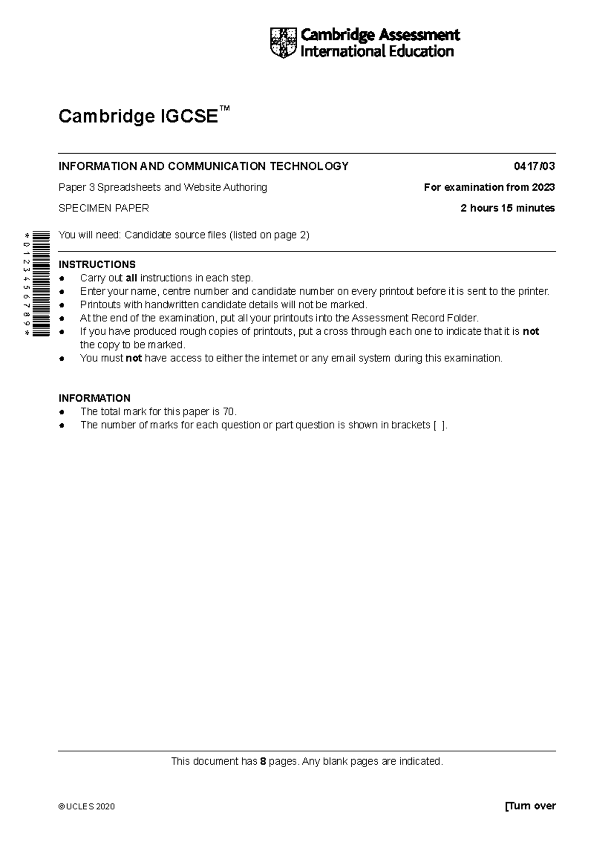 Cambridge IGCSE ICT 0417 Specimen Paper 3 - Spreadsheets & Web ...